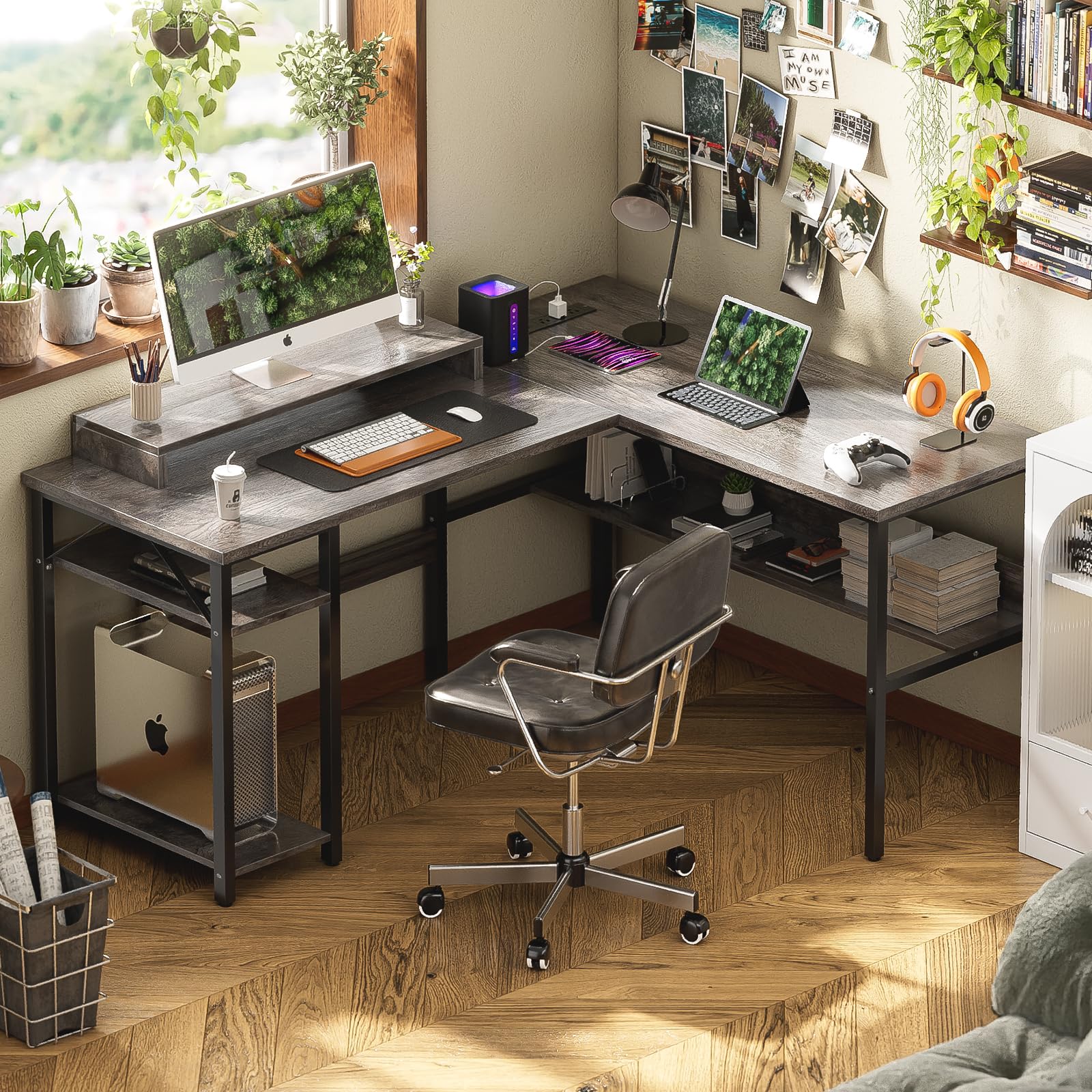Unikito Reversible L-Shaped Desk with Power Outlets & RGB LED Lighting - Ergonomic Computer Desk with Monitor Stand & Storage Shelves - Black Oak Home Office Corner Desk (Easy Assembly) - Perfect for Gaming Setup, Remote Work & Small Space Solutions