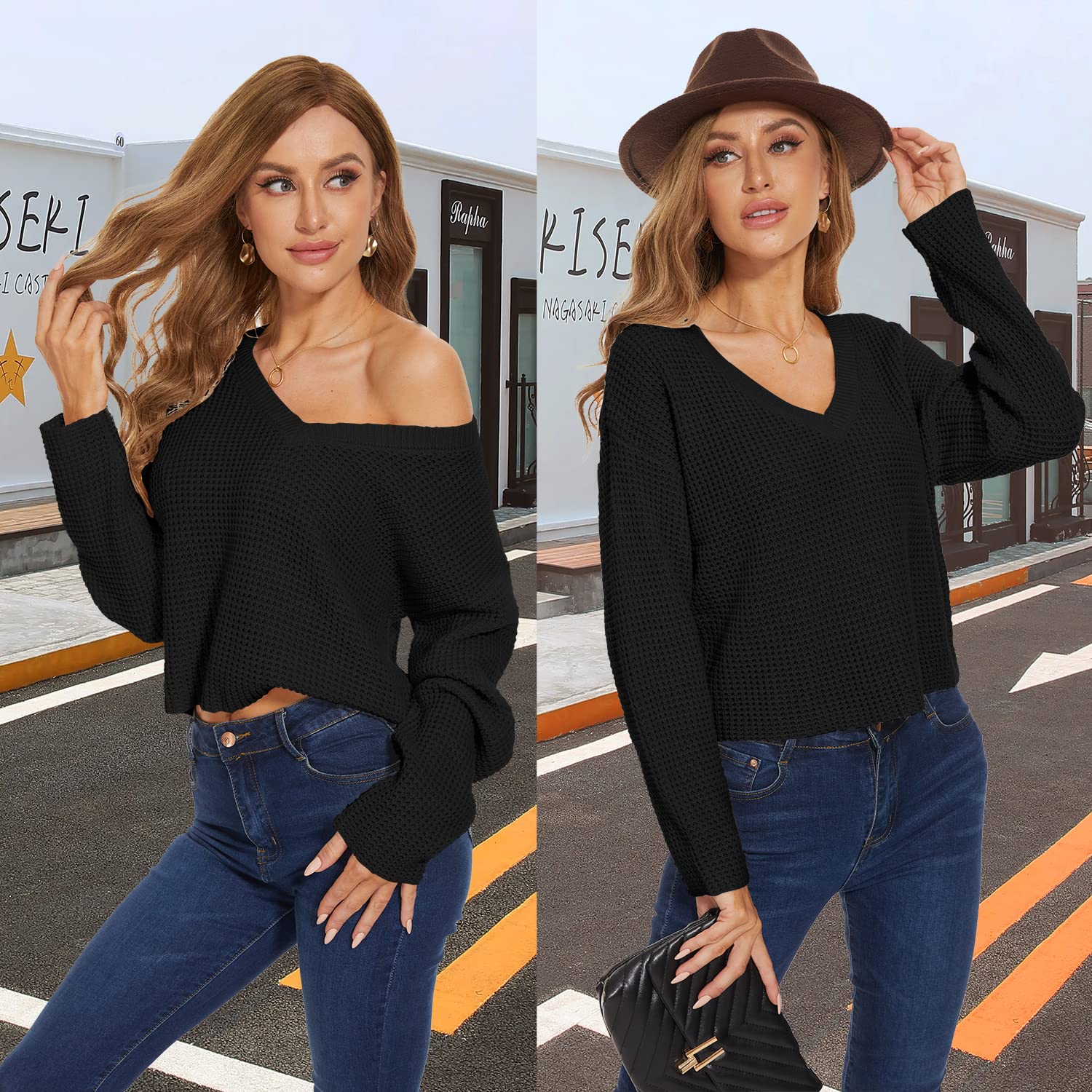 Jumppmile Women's V-Neck Waffle Knit Cropped Top Long Sleeve Pullover Sweater | Casual Fall Winter Fashion Crop Top for Layering, Date Night & Office Wear