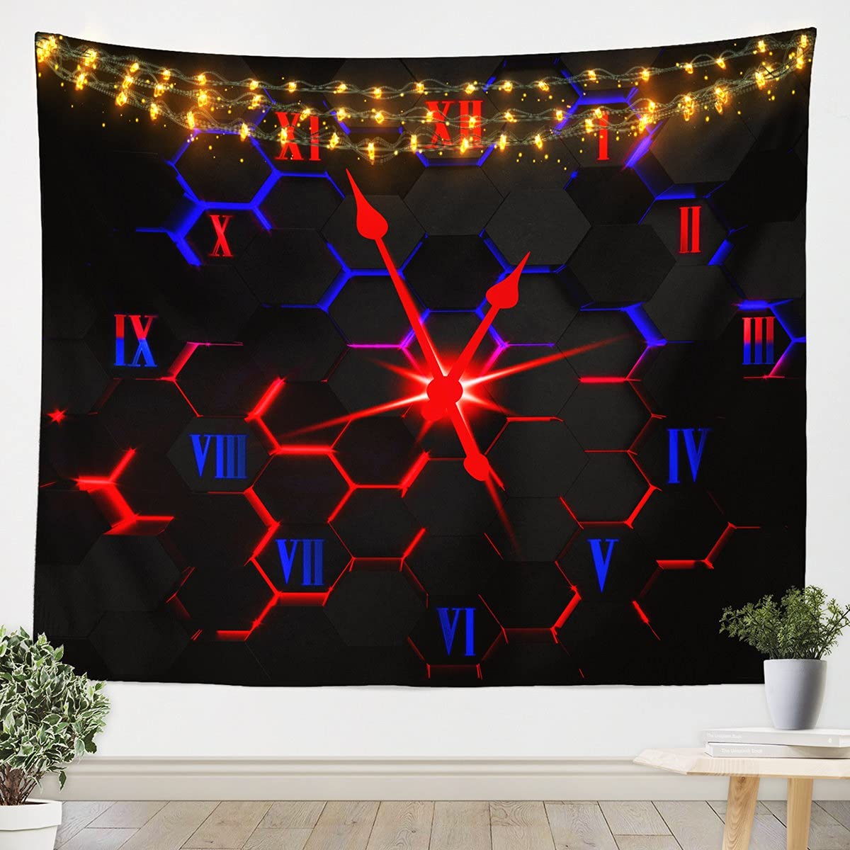 Black Honeycomb Hexagon Tapestry Wall Art - Modern Geometric Home Decor for Bedroom & Living Room - Red Blue Neon Lights Wall Hanging (70.9x92.5 inches) - Perfect for Boho Decor, Teen Room & Dorm Wall Decor
