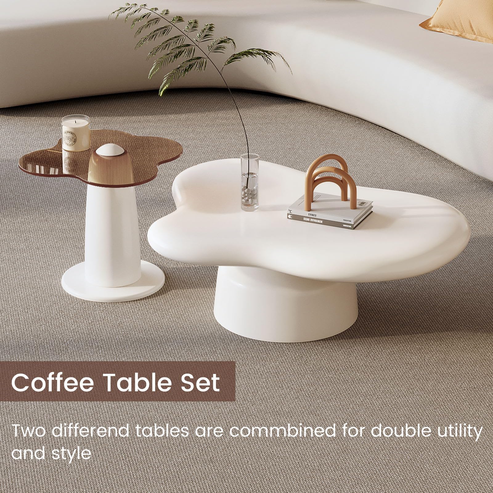 Modern Cloud Coffee Table Set of 2 - Small Irregular Side & End Tables in White Cream | 2-in-1 Contemporary Design for Living Room, Bedroom & Office | Perfect for Small Spaces, Coffee Break & Home Decor