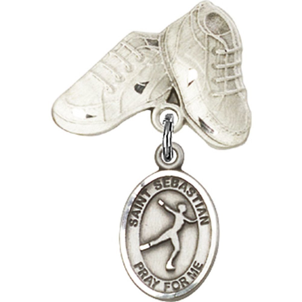 Sterling Silver Baby Badge with St. Sebastian & Figure Skating Charm - 1 X 5/8 Inch Baby Boots Pin - Perfect for Christening Gifts, Baptism Keepsakes & Newborn Celebrations