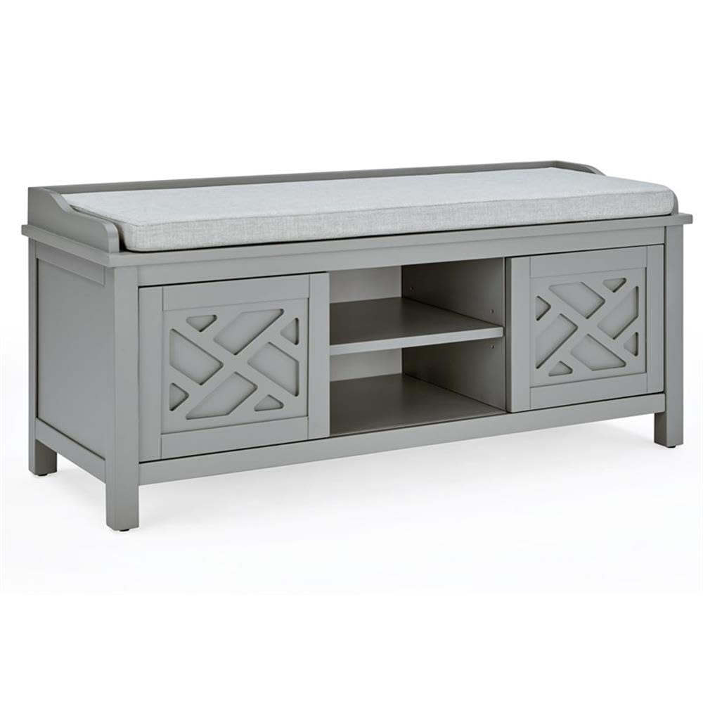 Coventry 45-inch Wooden Storage Bench with Cushion & Decorative Side Panels - Gray Accent Table for Entryway, Mudroom & Laundry Room - Adjustable Removable Shelves - Perfect for Home Organization & Cozy Seating