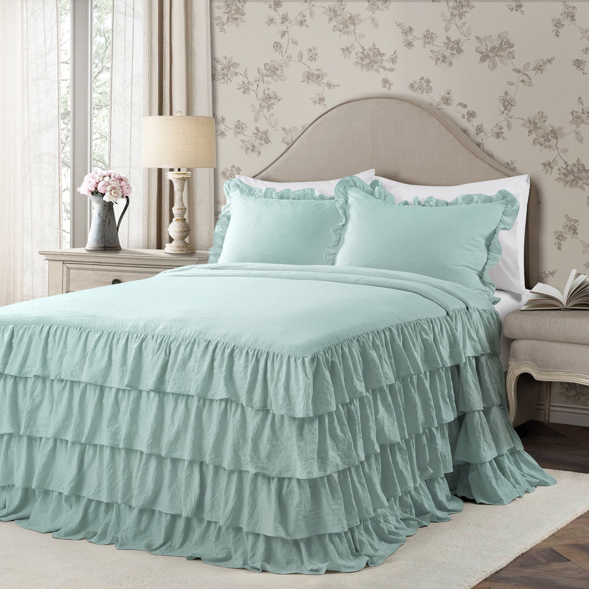 Allison Ruffle Skirt Bedspread Set - Elegant Floral Printed Queen Size Bedding with Ruffled Skirt | Perfect for Master Bedroom, Guest Room & Vacation Home Decor