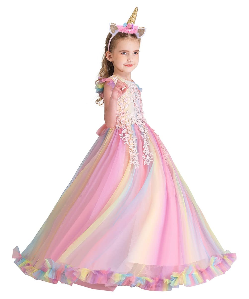 Princess Rainbow Tulle Dress for Girls | Unicorn Birthday Party, Wedding, Pageant, Christmas & Halloween Costume with Headband | Perfect for Dress-Up, Special Occasions & Fantasy Play