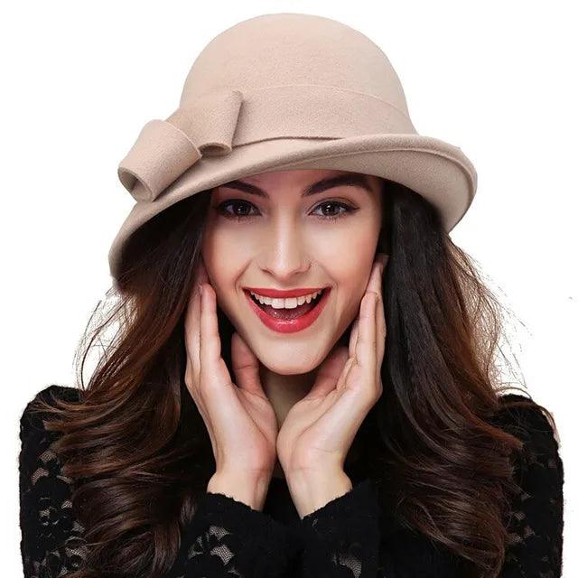 Women's Wool Felt Winter Hat with Asymmetric Bowknot - Elegant Formal Headwear for Cold Weather - Perfect for Office, Parties, and Holiday Outfits