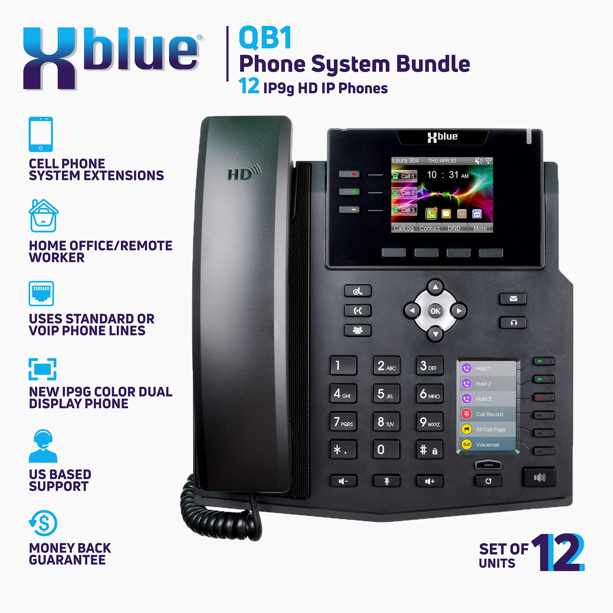 Xblue QB1012 VoIP Phone System Bundle - 12 IP9g IP Phones with Auto Attendant, Voicemail, Call Recording & Remote Extensions | Ideal for Small Business Office Communication | Black