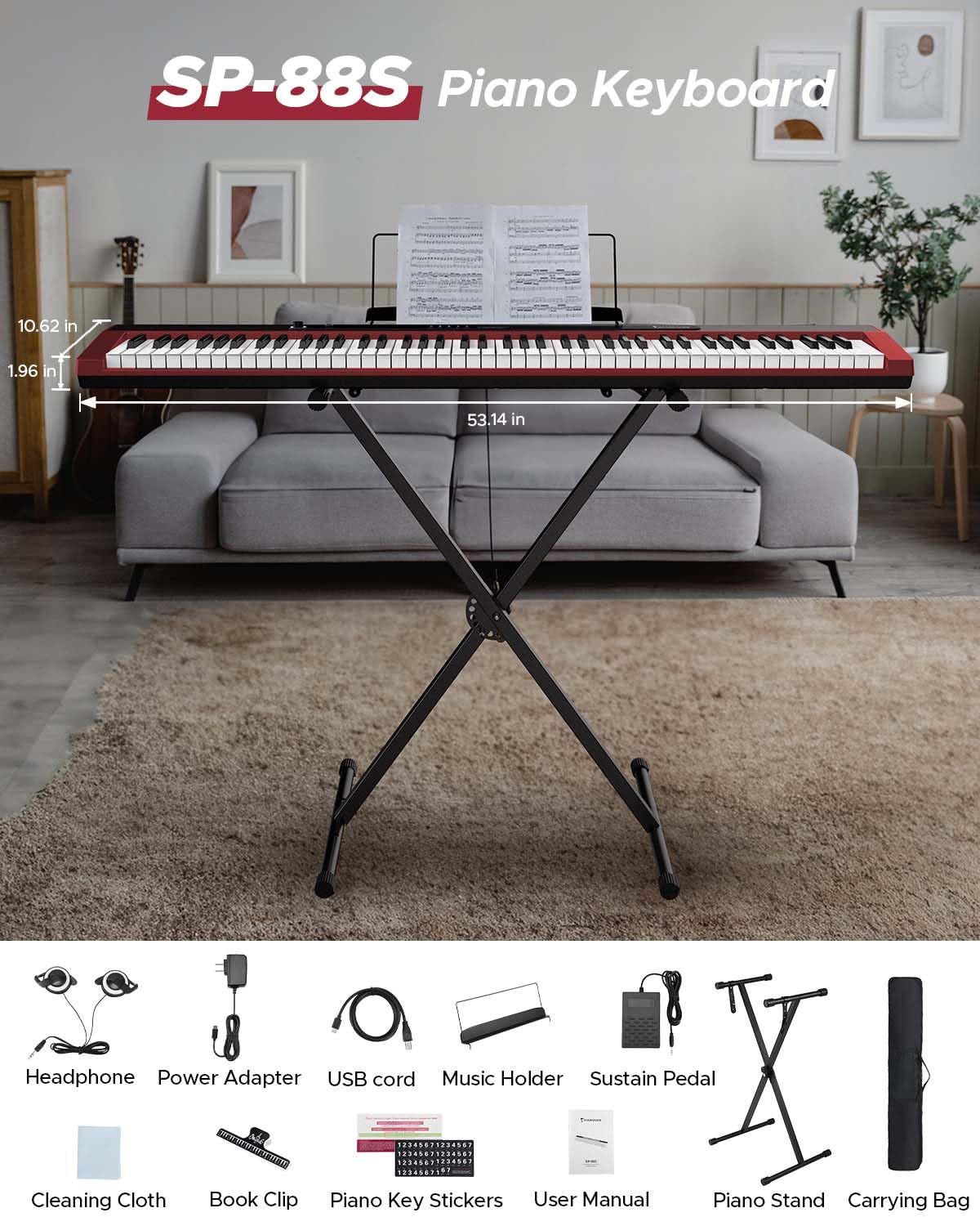 Starfavor 88 Key Digital Piano - Semi-Weighted Keyboard with Bluetooth, Stand, Pedal & Carrying Bag - Perfect for Beginners, Home Practice & Live Performances (Red)