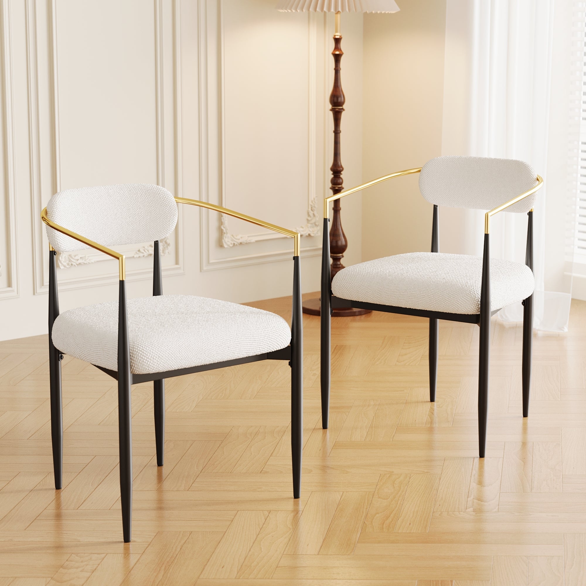 Set of 2 White Medieval Modern Dining Chairs - Teddy Velvet Upholstery with Metal Legs, Easy Assembly for Kitchen, Home & Office | Perfect for Small Spaces, Breakfast Nooks & Contemporary Dining Areas