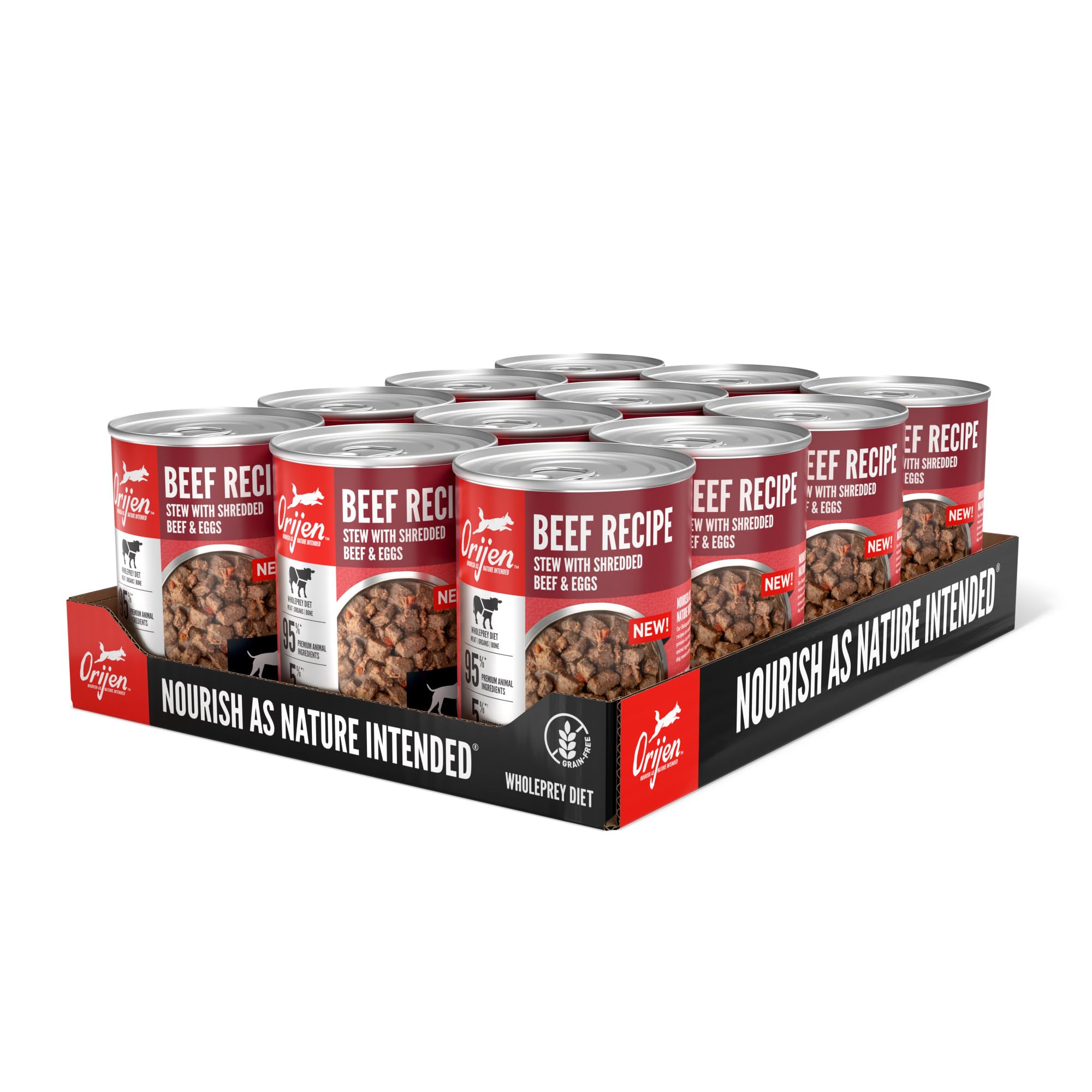 ORIJEN Grain Free Wet Dog Food - Beef Recipe Stew with Shredded Beef & Eggs | WholePrey Ingredients | 12.8oz (Pack of 12) | High Protein Meal for Adult Dogs | Perfect for Picky Eaters & Sensitive Stomachs