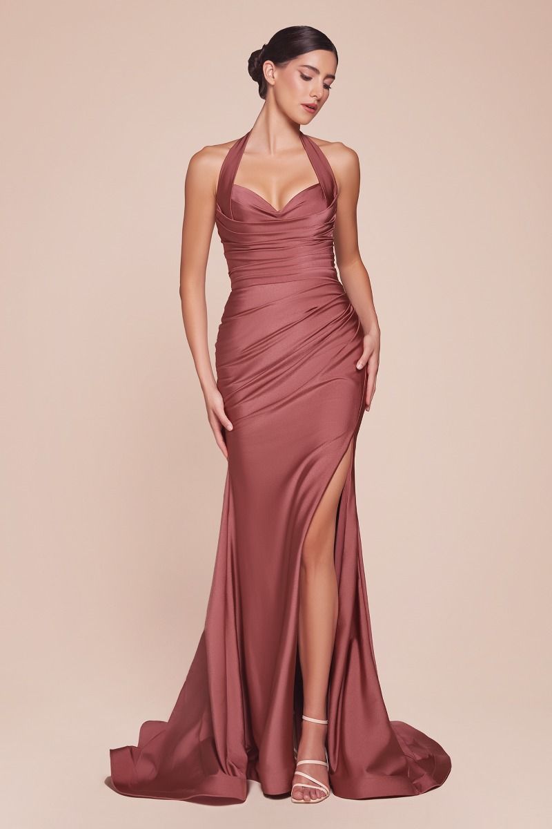 Autumn Gown Sienna Rose Stretch Spandex Satin Halter Fitted Dress - Elegant Evening Wear for Parties, Weddings & Special Occasions