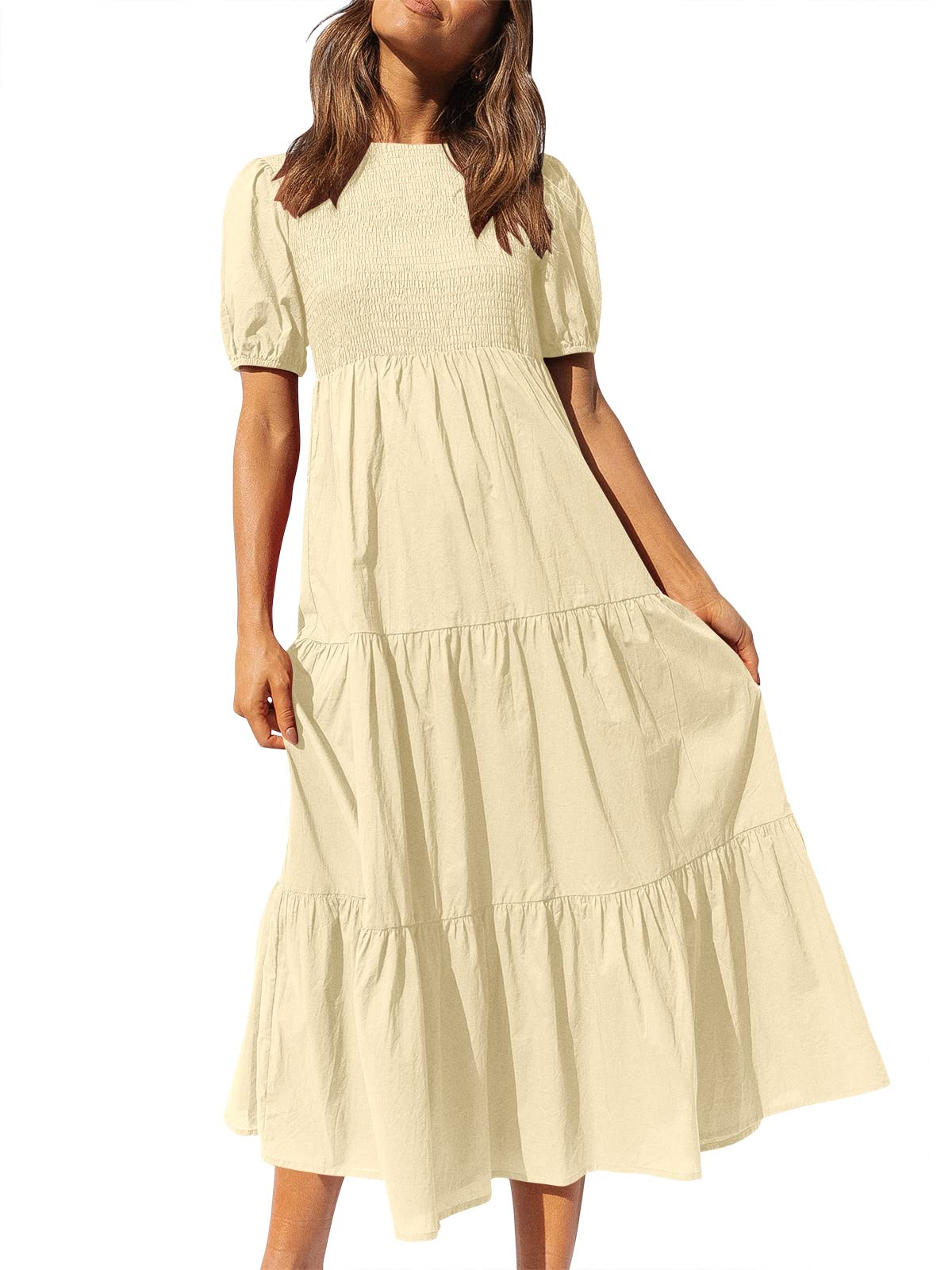 LOGENE Women's Summer Boho Maxi Dress - Short Sleeve Crew Neck Smocked Elastic Waist Tiered Sun Dress | Perfect for Beach Vacations, Date Nights & Casual Outings