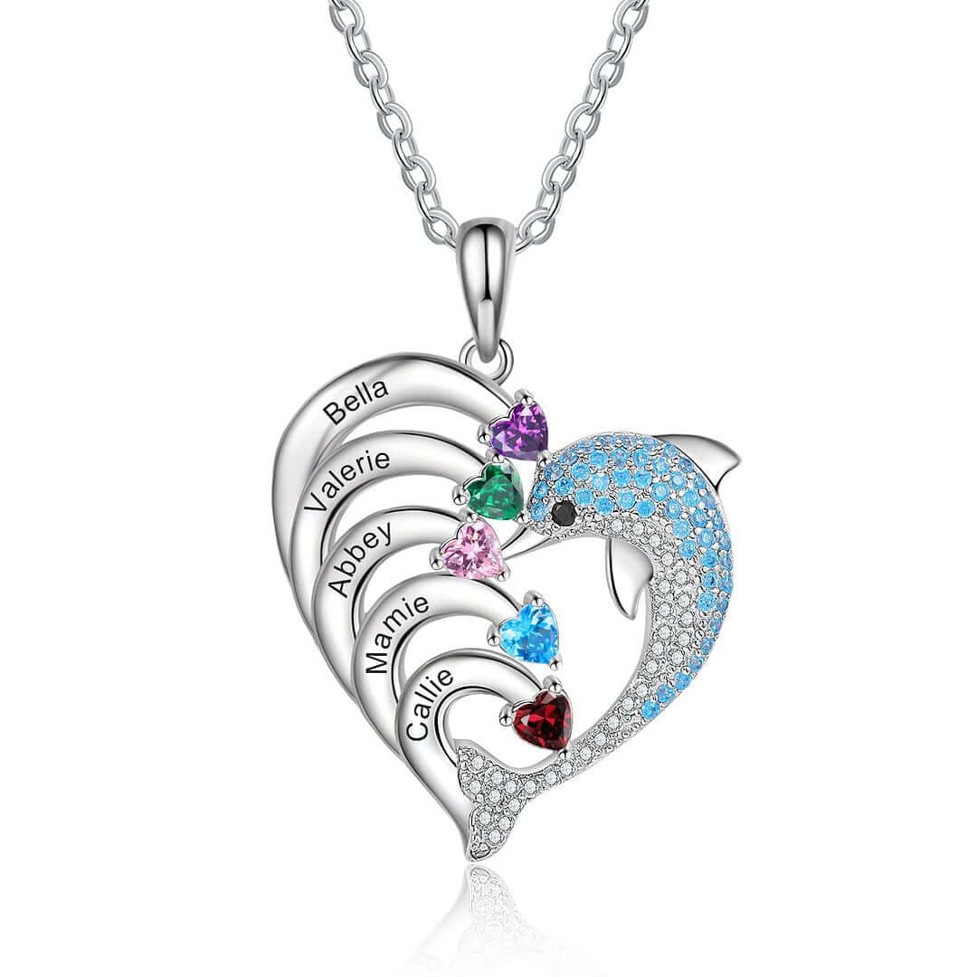 Personalized Dolphin Heart Birthstone Necklace - Custom Name & Birthstone Jewelry for Women | H0001 | Perfect Gift for Birthday, Anniversary & Mother's Day