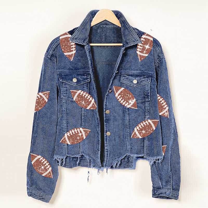 Stylish Women's Corduroy Rugby Print Baseball Jacket - Warm Autumn Winter Fashion Outerwear for Casual Wear & Outdoor Activities