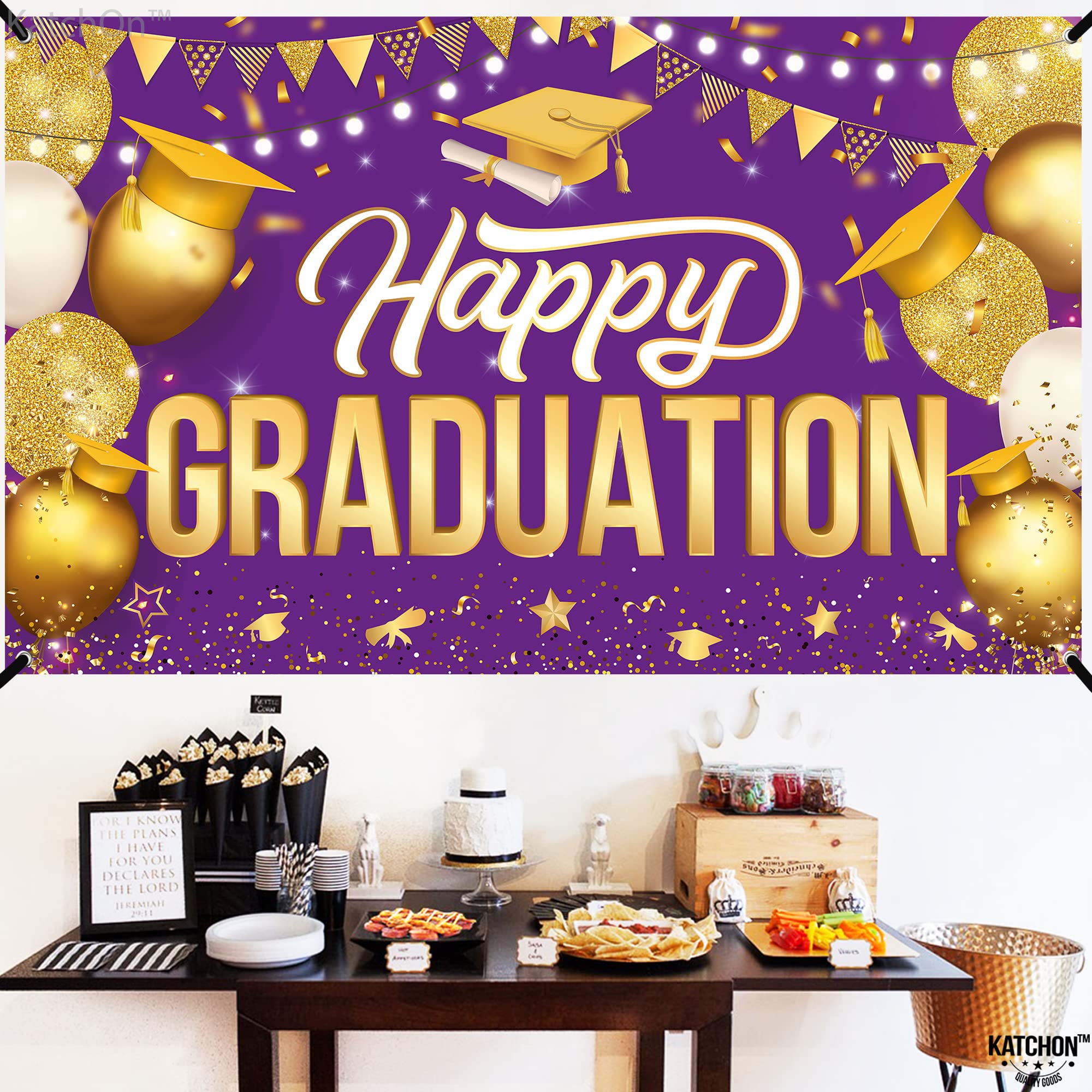 KatchOn Extra Large Happy Graduation Banner - 72x44 Inch Purple & Gold Backdrop for Class of 2025 | 2025 Graduation Decorations, Congratulations Banner | Perfect for Graduation Parties, Photo Booths & School Events