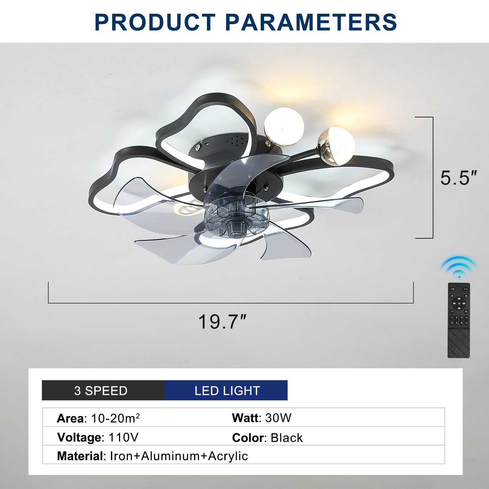19.7 Inch Modern Black Ceiling Fan with Remote Control - Butterfly Design, Quiet Operation, Timer Function - Perfect for Bedroom, Living Room & Kids' Room (Energy Efficient & Stylish Home Cooling Solution)