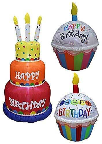 6ft Inflatable Happy Birthday Cake with 4 Candles & 2x 4ft Cupcakes - Giant Outdoor Party Decorations Set for Birthday Celebrations, Backyard Events & Festive Gatherings