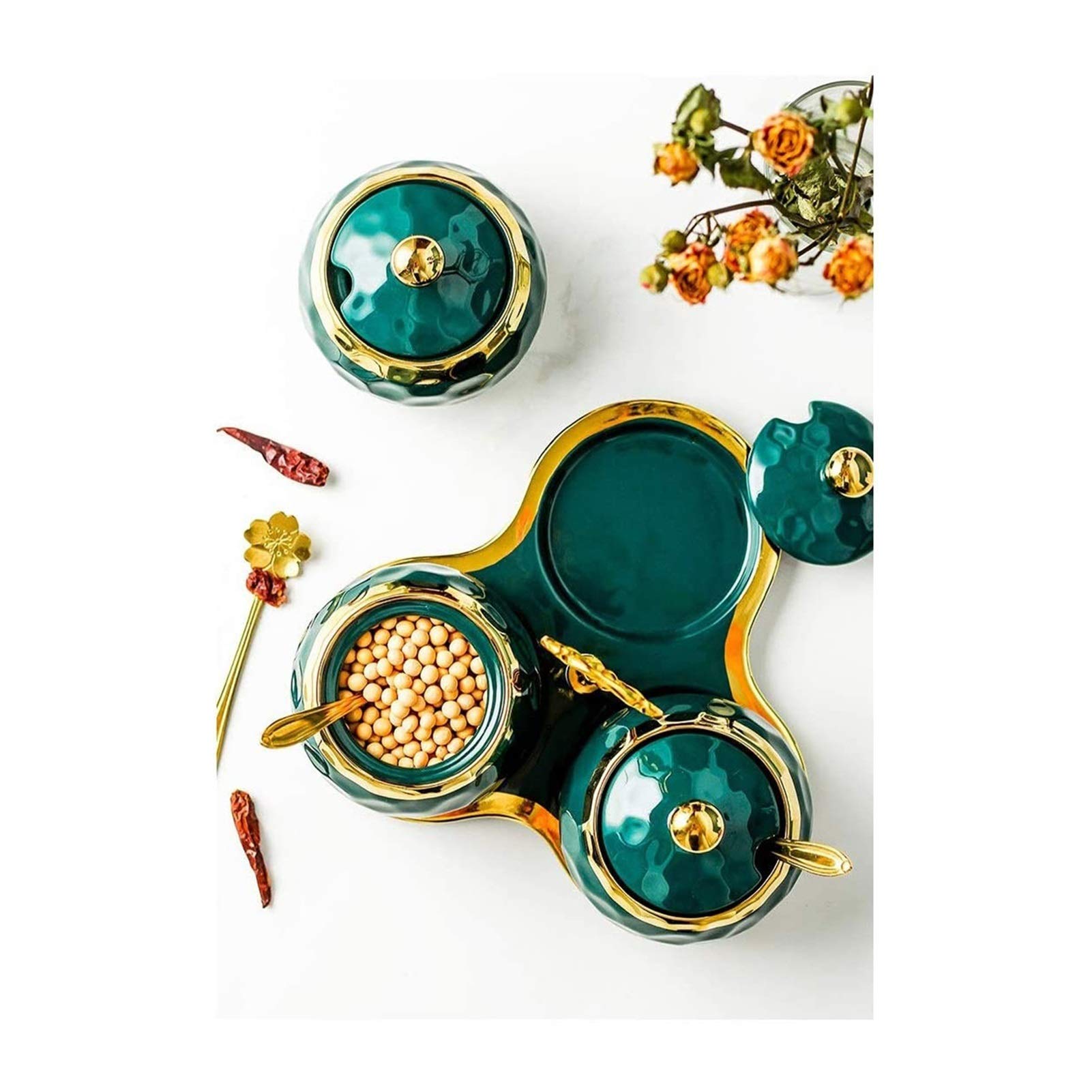 3PCS Ceramic Condiment Pots with Lids & Spoons - Spice Jars, Sugar Bowls, Salt & Pepper Containers - Elegant Serving Tray for Kitchen, Dining Table & Housewarming Gifts (Color A)