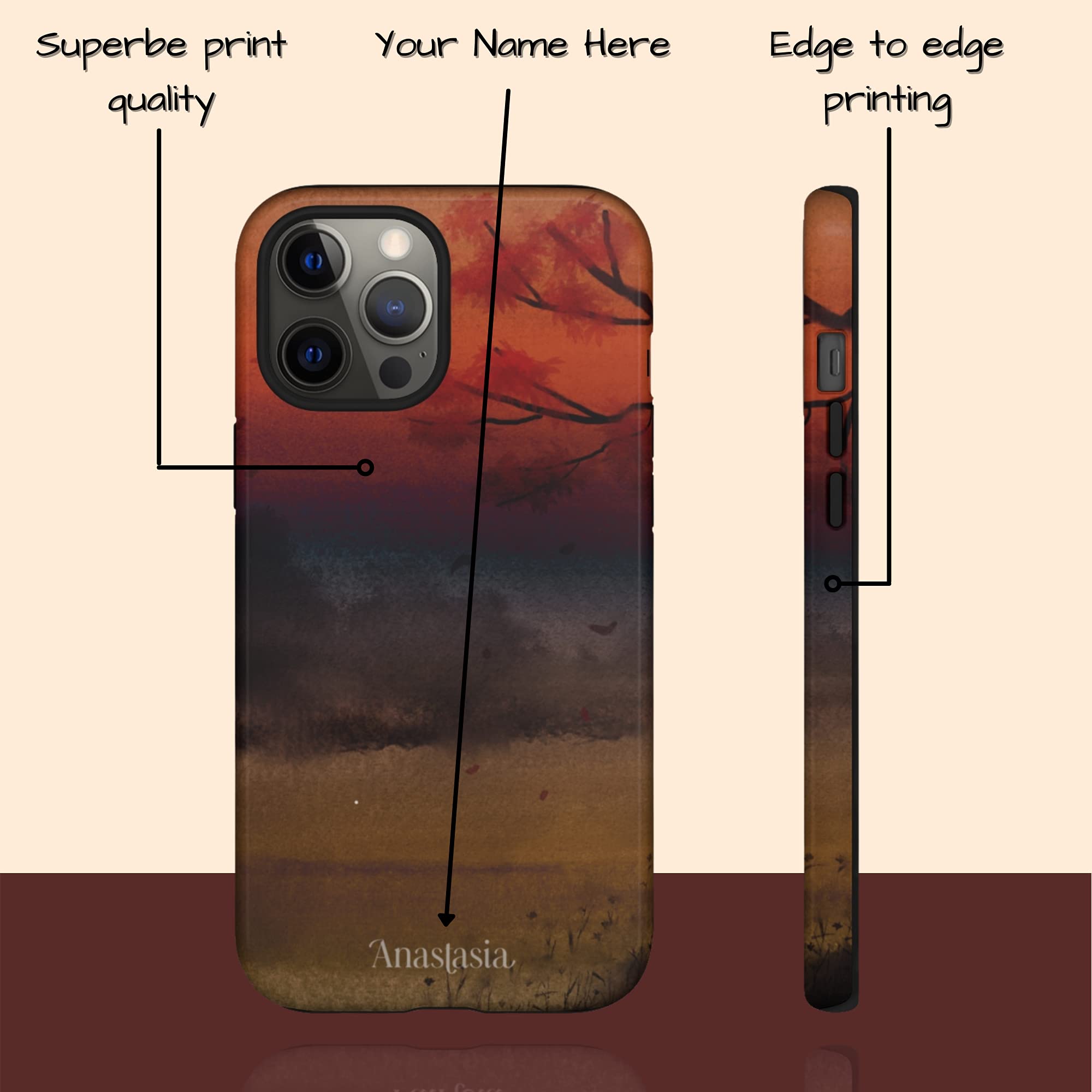 Custom Name Watercolor Sunset Trees Landscape Personalized Phone Case for iPhone 16 Plus 15 Pro Max 14 13 Mini 12 11 X XS Max XR 7 8 - Unique Gift for Nature Lovers & Daily Protection