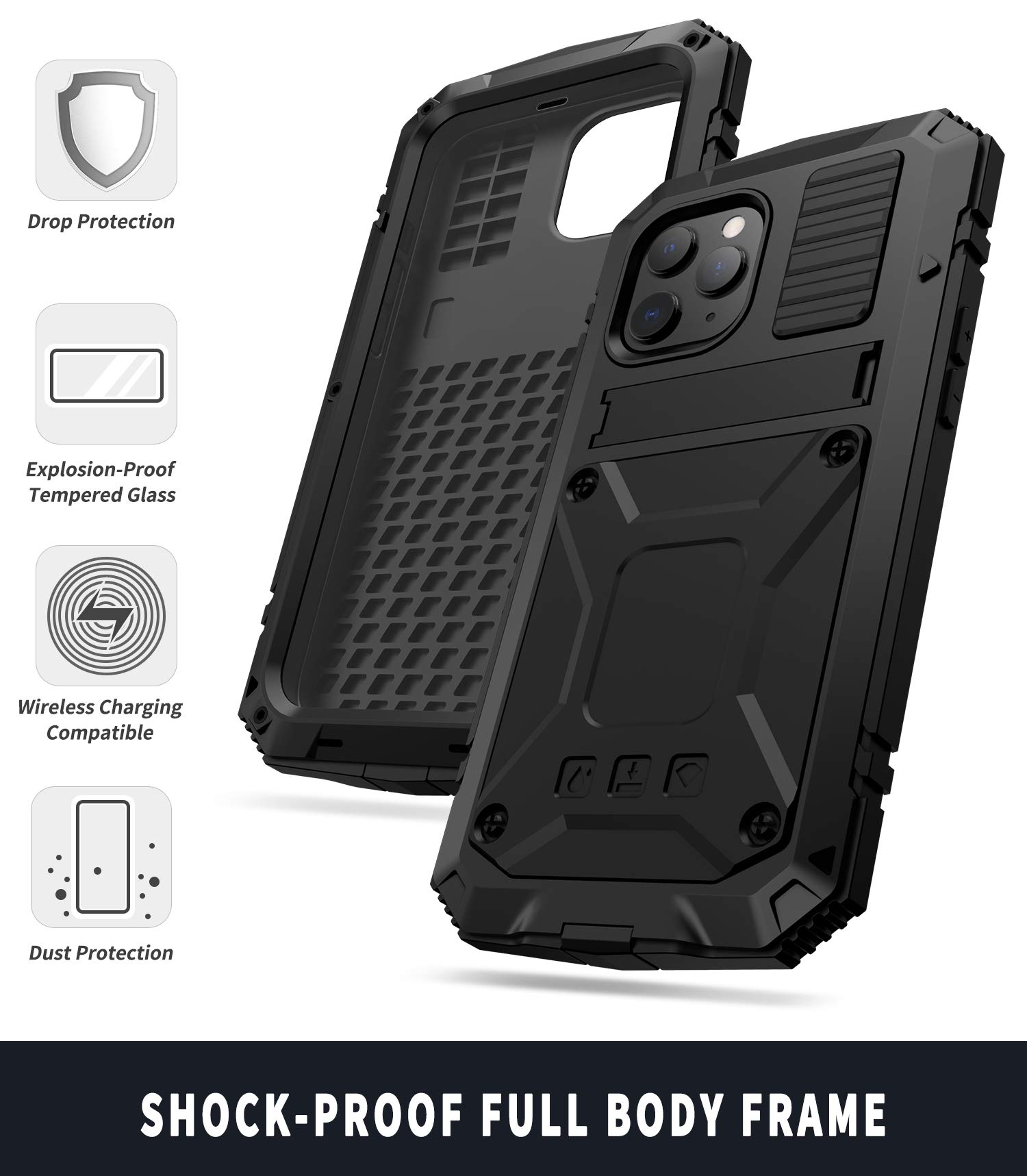 iPhone 12 Pro Max Case - Military Grade Shockproof Hybrid Bumper with Silicone Cover & Built-in Screen Protector - Heavy Duty Rugged Stand Case (Black) - Perfect for Outdoor Adventures, Work & Travel Protection