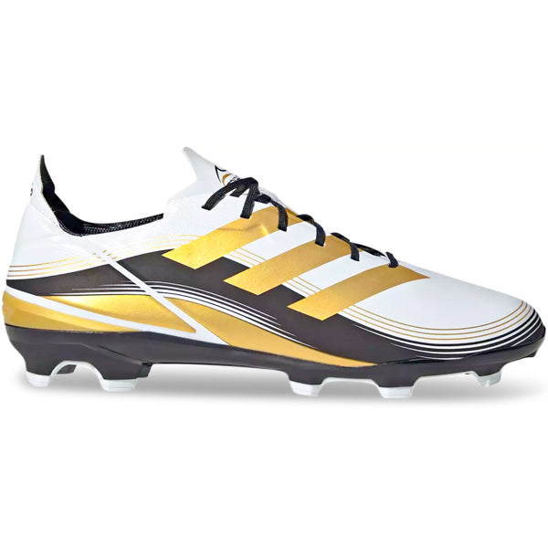 Adidas Gamemode Firm Ground Soccer Cleats for Men - Lightweight Football Shoes with Enhanced Traction (Cloud White/Gold Metallic) - Perfect for Competitive Matches & Training Sessions