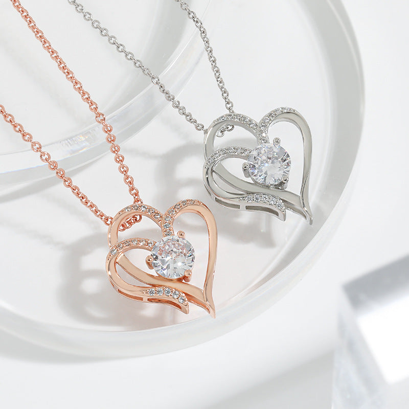 Zircon Double Love Necklace with Rhinestones - Personalized Heart-Shaped Clavicle Chain Jewelry for Women - Valentine's Day Gift, Anniversary Present, Romantic Occasion