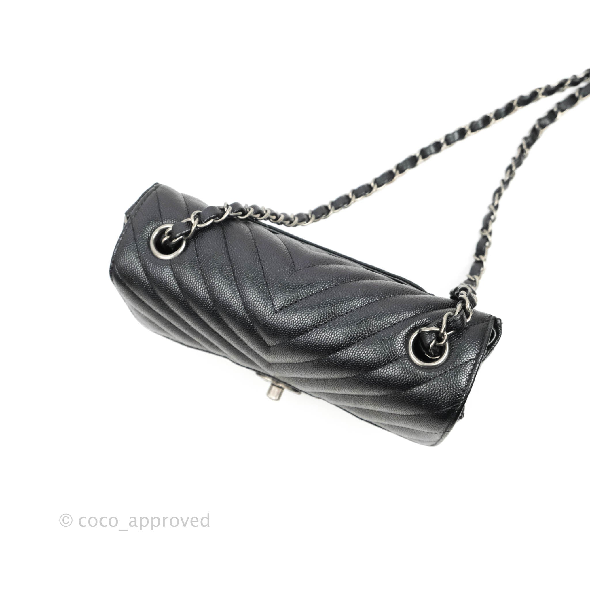 Chanel Chevron Mini Rectangular Flap Bag in Iridescent Black Caviar Leather with Ruthenium Hardware - Perfect for Evening Events, Parties & Luxury Fashion Accessories