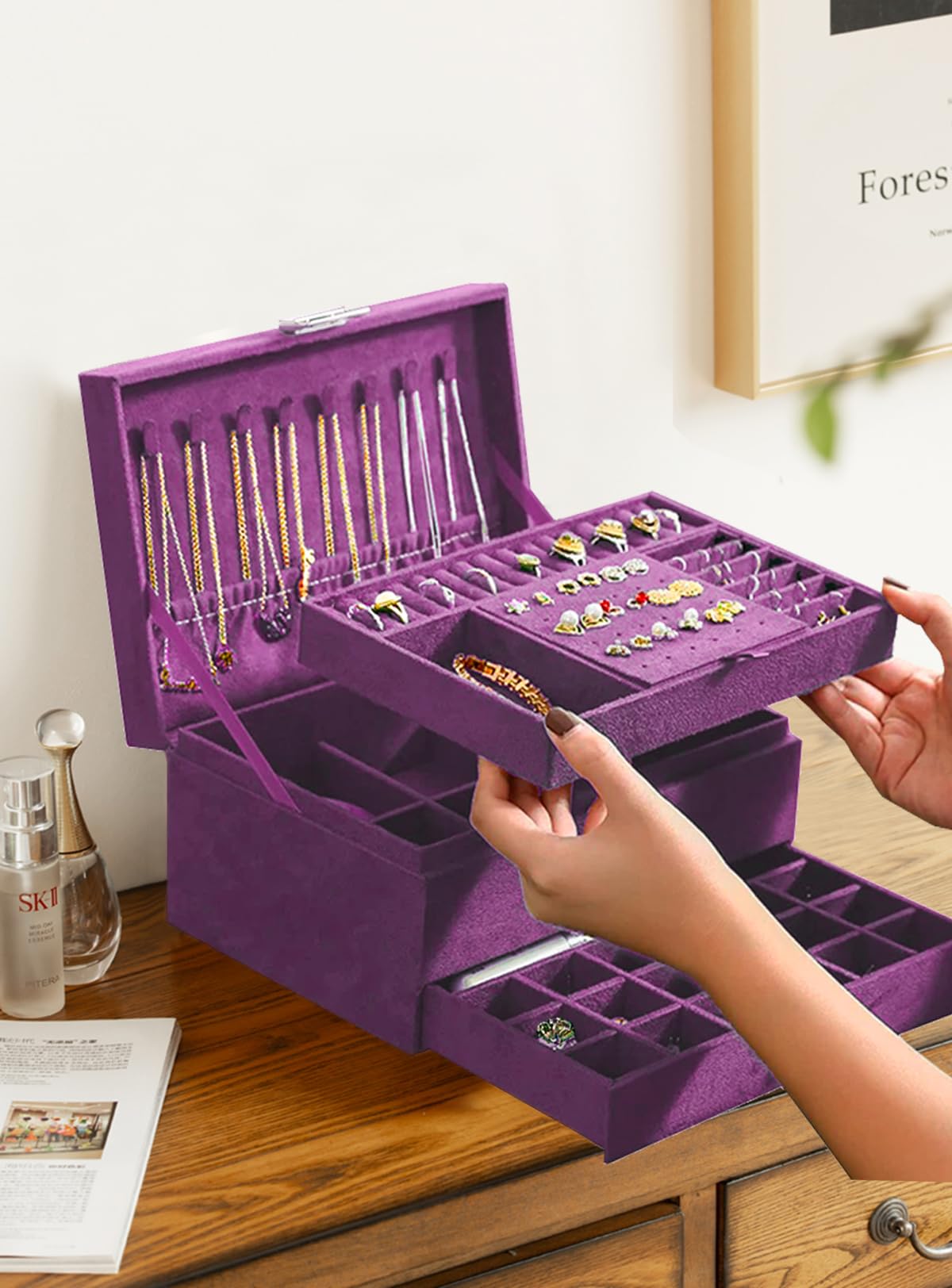 Elegant Purple Velvet Jewelry Box with Lock - Women's Jewelry Organizer for Necklaces, Earrings, Rings & Bracelets | Perfect for Teen Girls' Jewelry Storage & Gift Giving | Ideal for Bedroom, Vanity & Travel Use