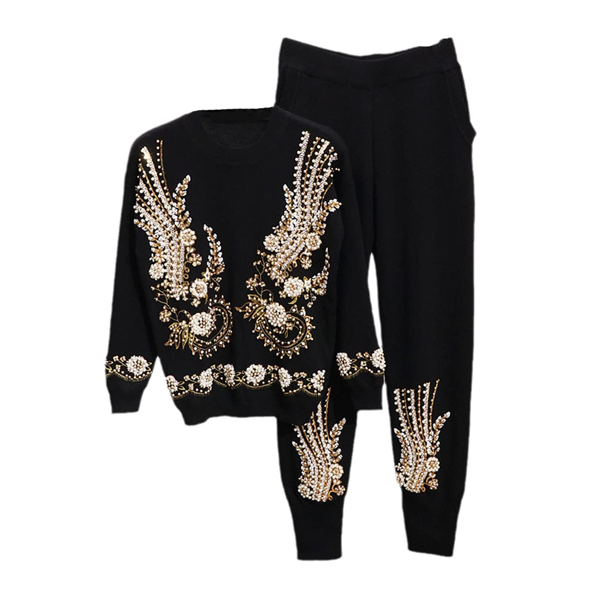 TBYTA Women's Beaded Sequin Embroidery Knit Sweater & Casual Pants Set - Spring Two-Piece Outfit for Date Night, Office Wear & Casual Fashion