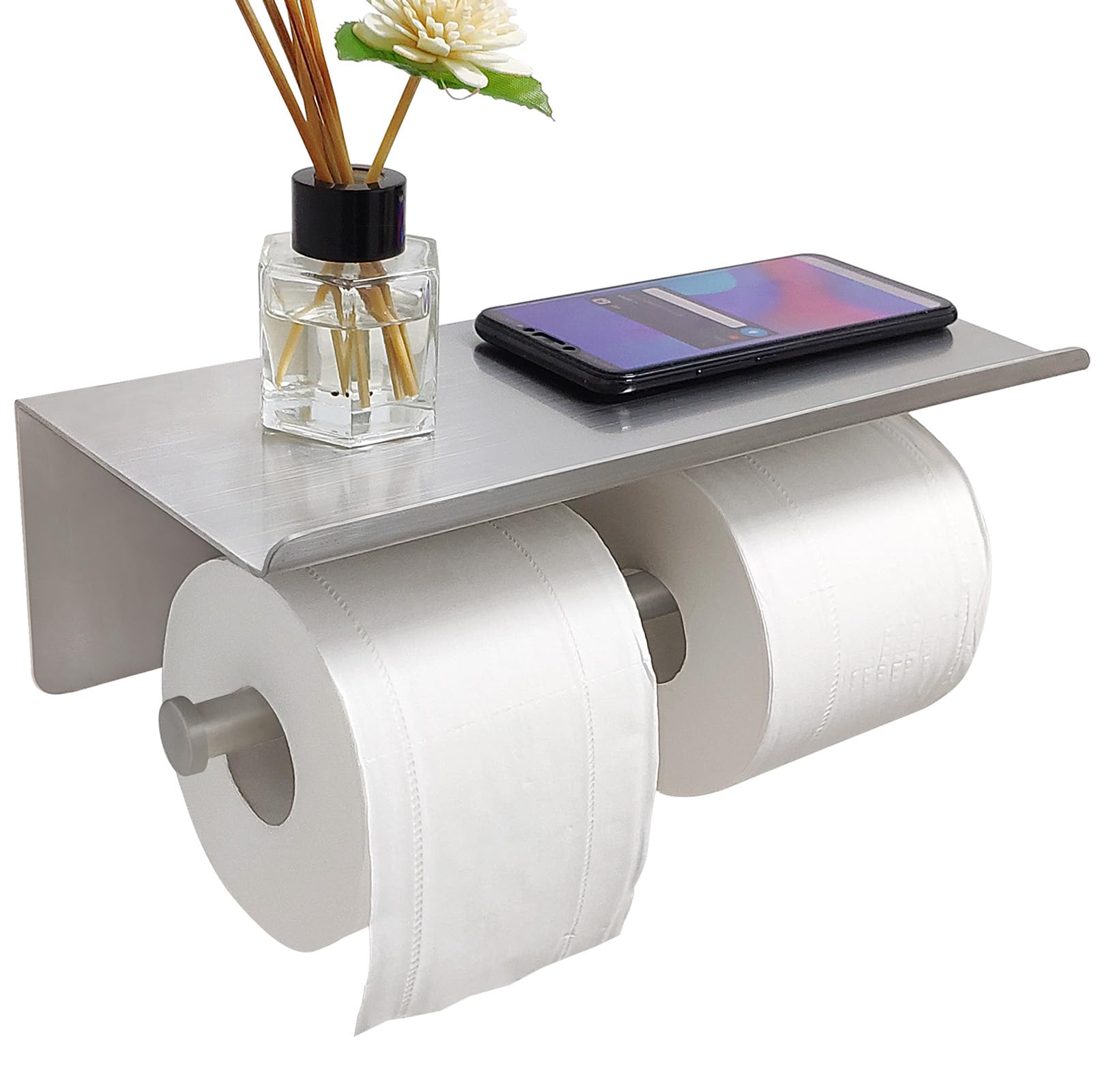 GZILA Large Double Toilet Paper Holder with Shelf - Wall Mounted SUS304 Stainless Steel Bathroom Organizer - Dual Roll Tissue Dispenser & Phone Storage Rack - Brushed Nickel Finish for Modern Bathrooms, Powder Rooms & Guest Toilets