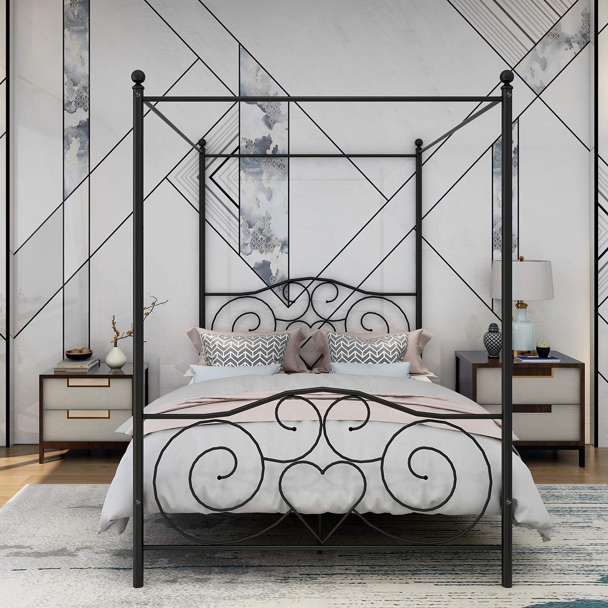Vintage Black Metal Canopy Bed Frame with Headboard & Footboard - Full Size Platform Bed with Sturdy Steel Slats for Enhanced Support | Perfect for Bedroom Decor, Guest Room & Master Suite