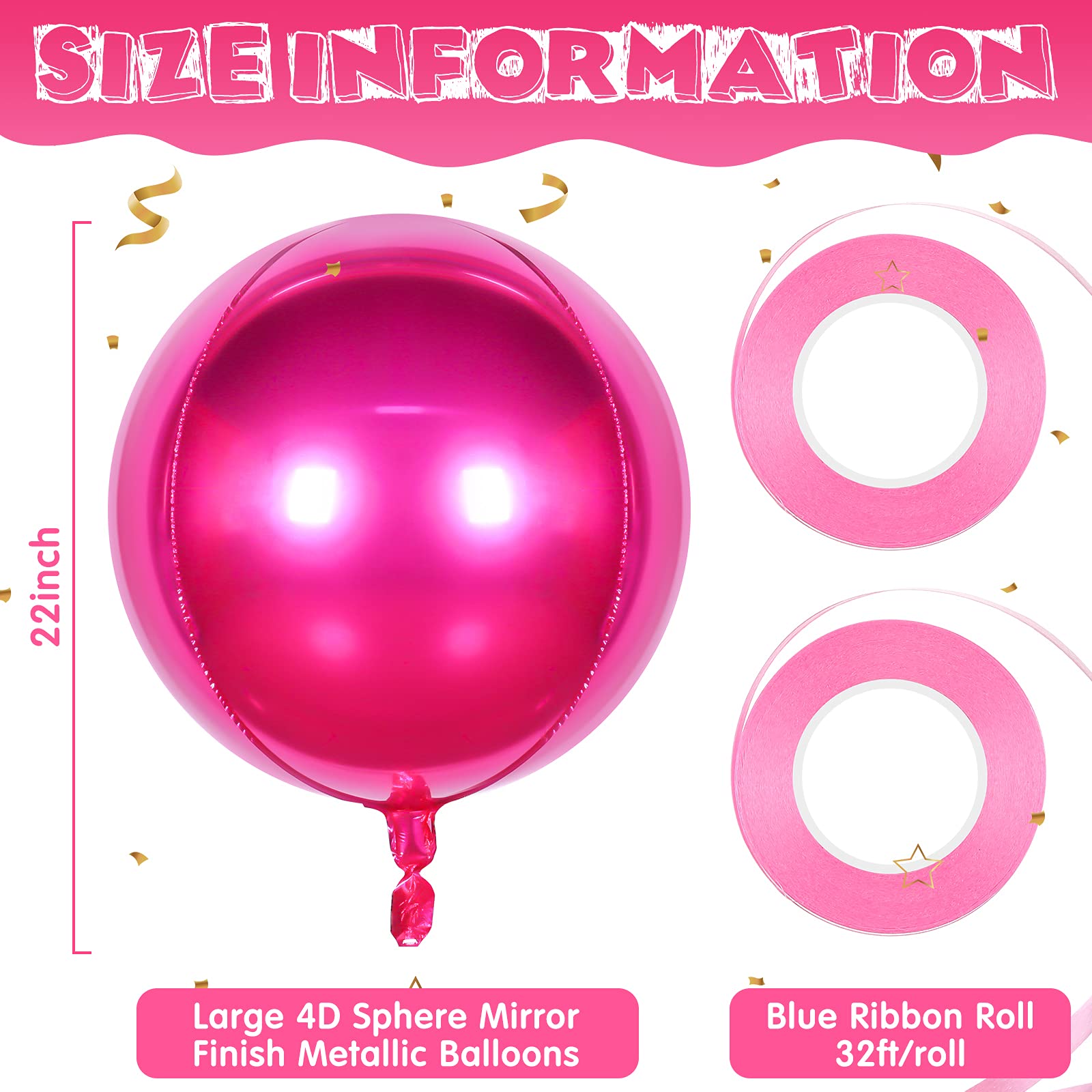 12 Pack 22 Inch Silver Rose Red Pink Foil Balloons with 2 Rolls Ribbon - Large Metallic Mirror Finish Sphere Balloons for Wedding, Birthday Party, Baby Shower, Anniversary, Graduation & Holiday Decorations