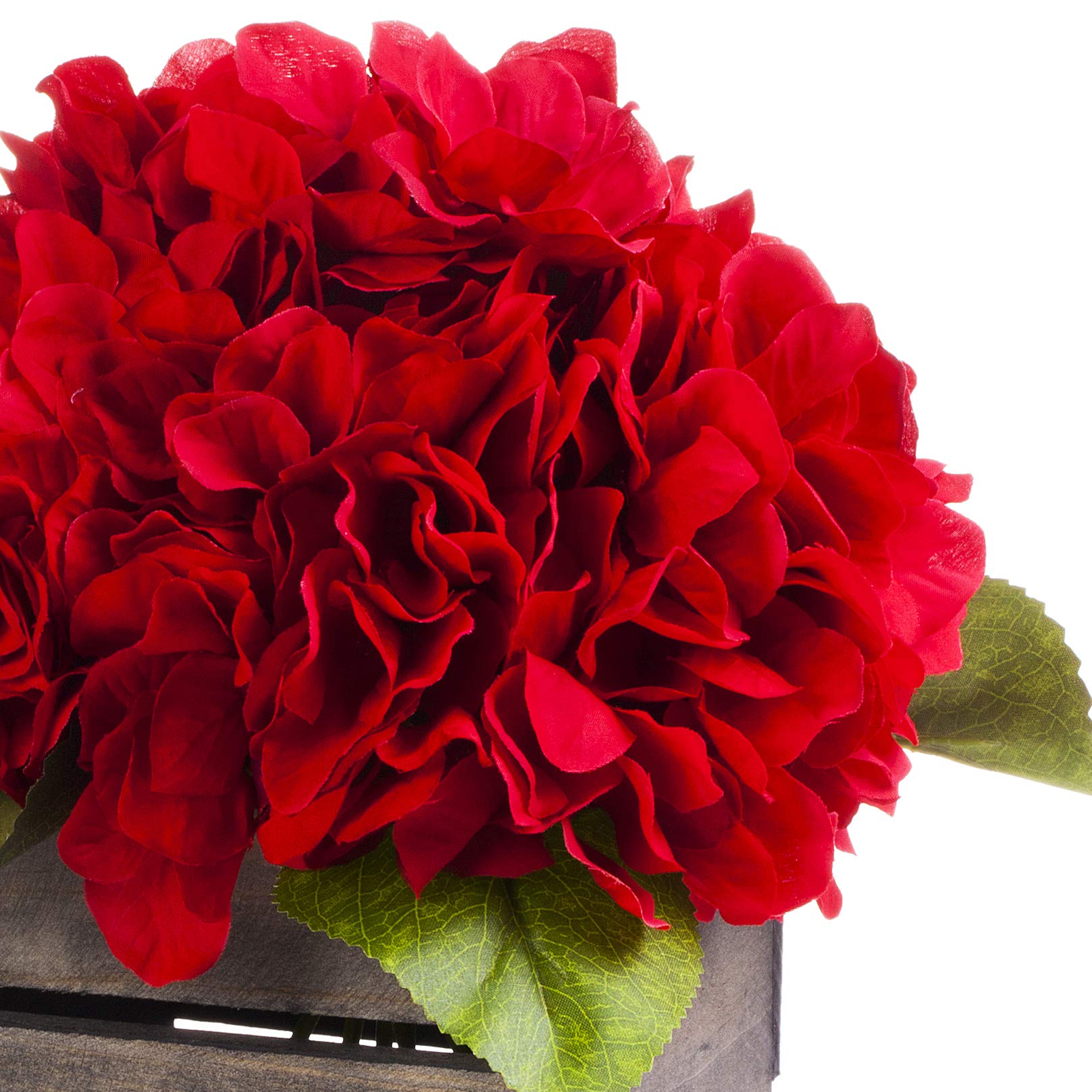 ENOVA HOME Artificial Hydrangea Silk Flowers in Wood Planter - Red Floral Arrangement for Home Decor, Wedding Centerpieces, Table Decorations & Party Decor