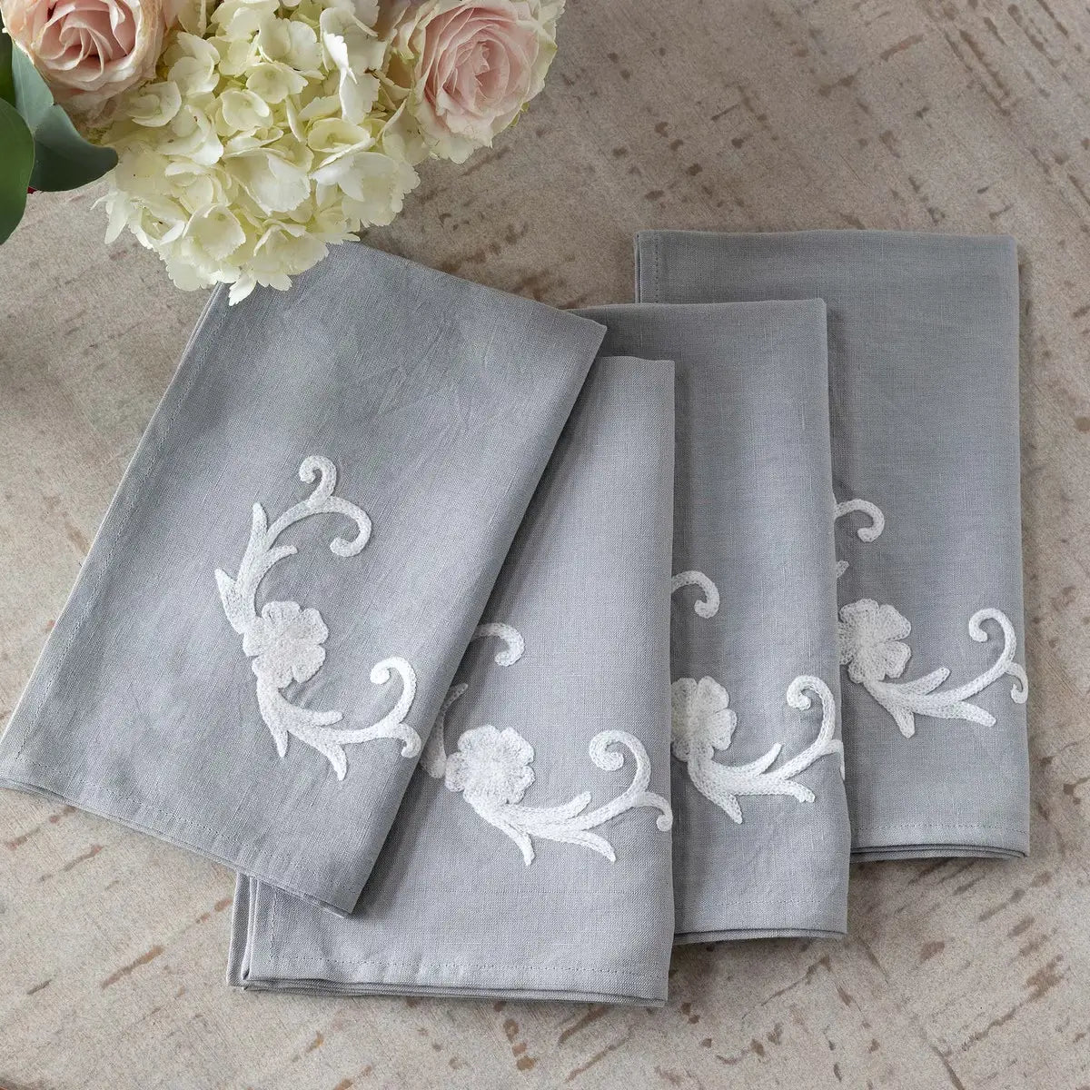 Cosette Embroidered Linen Napkins Set - Premium 100% Linen Table Napkins for Dining, Wedding, Party & Home Decor - Elegant Embroidered Cotton Thread Design