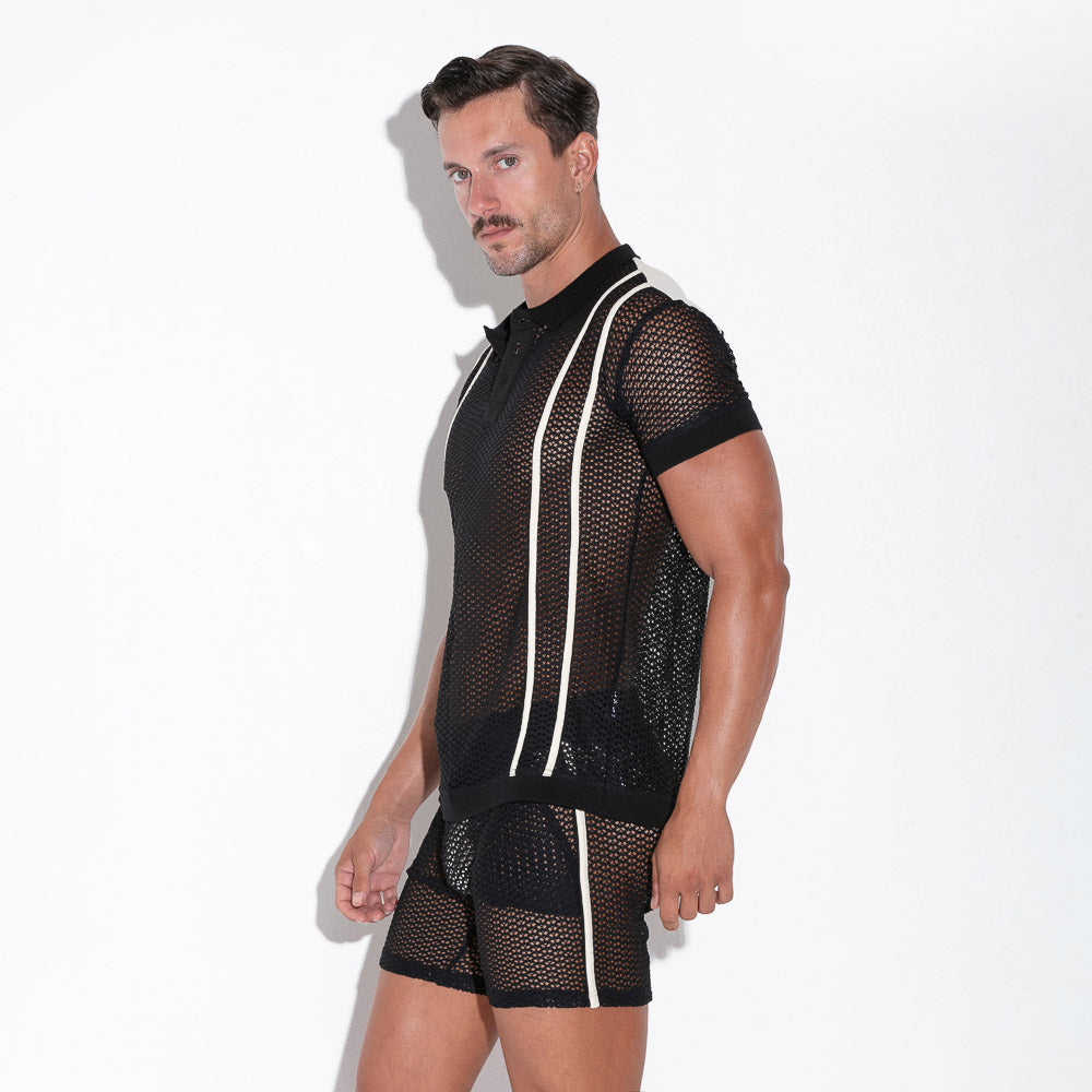 Code 22 Openwork 9735 Mesh Polo Shirt for Men - Breathable Black Golf Shirt with Stylish Mesh Design - Perfect for Golf, Tennis & Summer Outdoor Activities