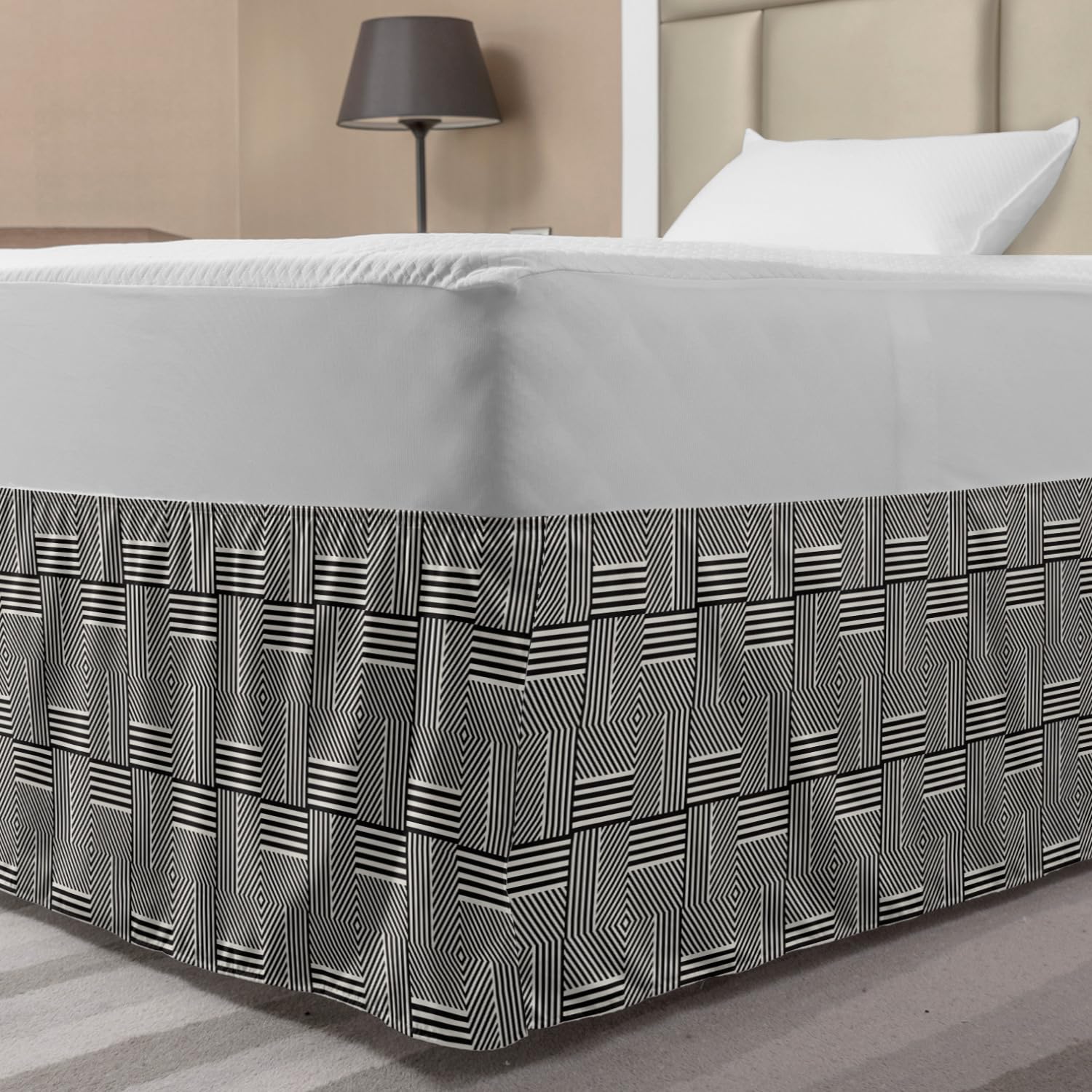 Ambesonne Abstract Bed Skirt - Minimalist Geometric Pattern with Square Frames in Charcoal Grey | Elastic Wrap Around Dust Ruffle for Queen/Full Size Beds | Perfect for Modern Bedroom Decor & Guest Room Styling