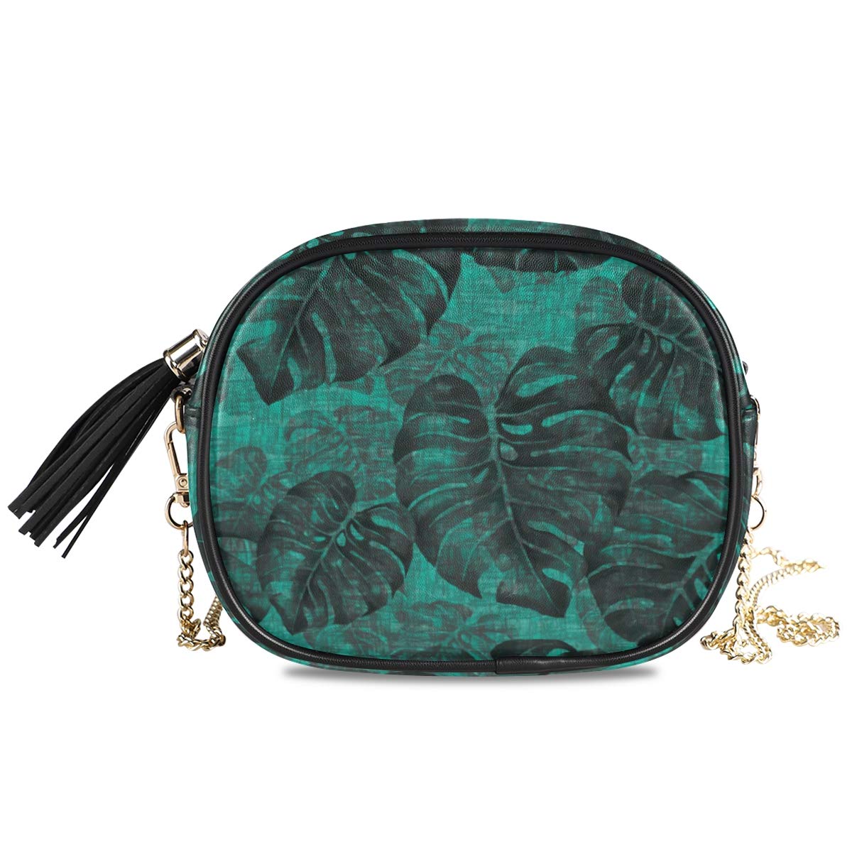 ALAZA Women's Tropical Black Leaves Exotic Foliage Monstera Camouflage Crossbody Bag - Stylish Chain Shoulder Handbag Purse with Tassel for Casual Outings, Travel & Beach Accessories