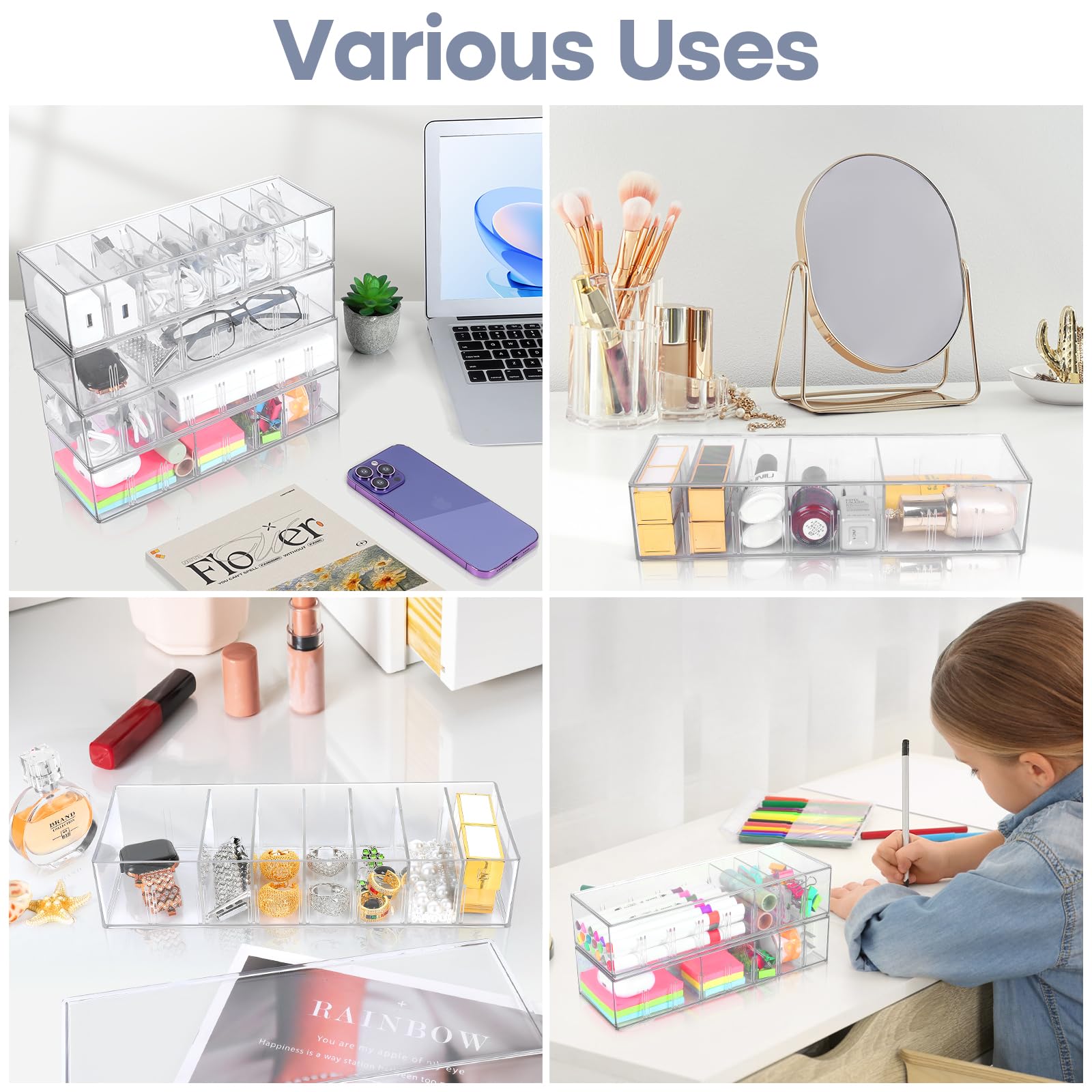 4-Piece Clear Plastic Cord Organizer Box with Lid & 32 Cable Ties - 8 Removable Dividers for Home Office Desk - Perfect for Charger, USB Cable, Headphone & Electronics Storage - Ideal for Workspace, Travel & Cable Management