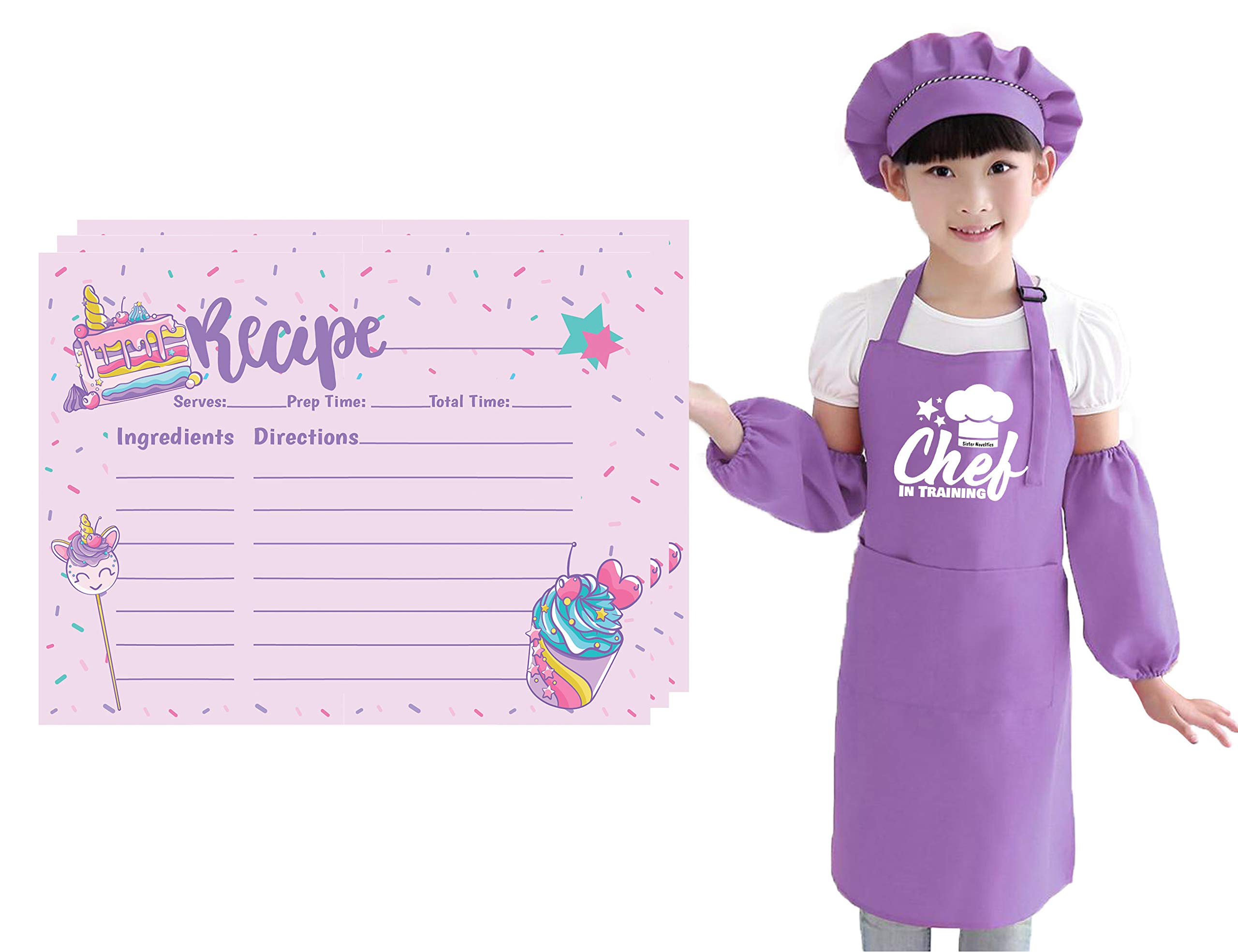 **Unicorn Rainbow Kids Kitchen Apron Set with Chef Hat & Recipe Cards - Adjustable Aprons for Boys & Girls - Baking & Cooking Play Set for Pretend Play & Learning (Purple)**    *(Perfect for birthday gifts, pretend kitchen play, cooking classes, and family baking activities!)*