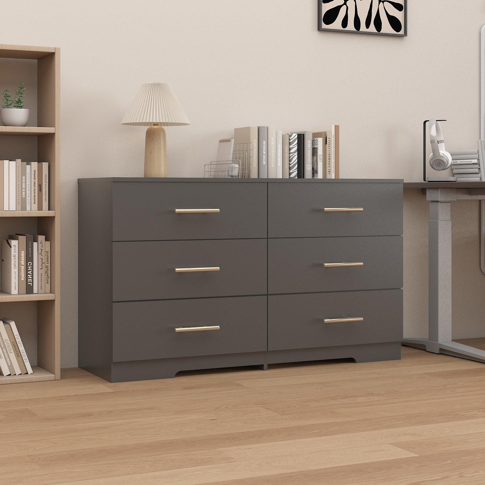 Black 6-Drawer Dresser with Golden Handles - Large Chest of Drawers for Bedroom, Living Room & Office Storage