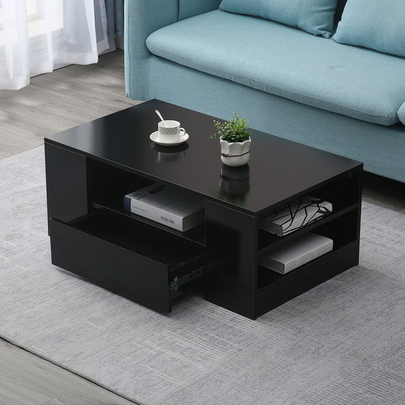 Modern LED Coffee Table with Storage Shelf & Drawer - High Gloss Rectangle Side Table for Living Room, Home Office - Perfect for Entertaining Guests or Cozy Movie Nights (Black)