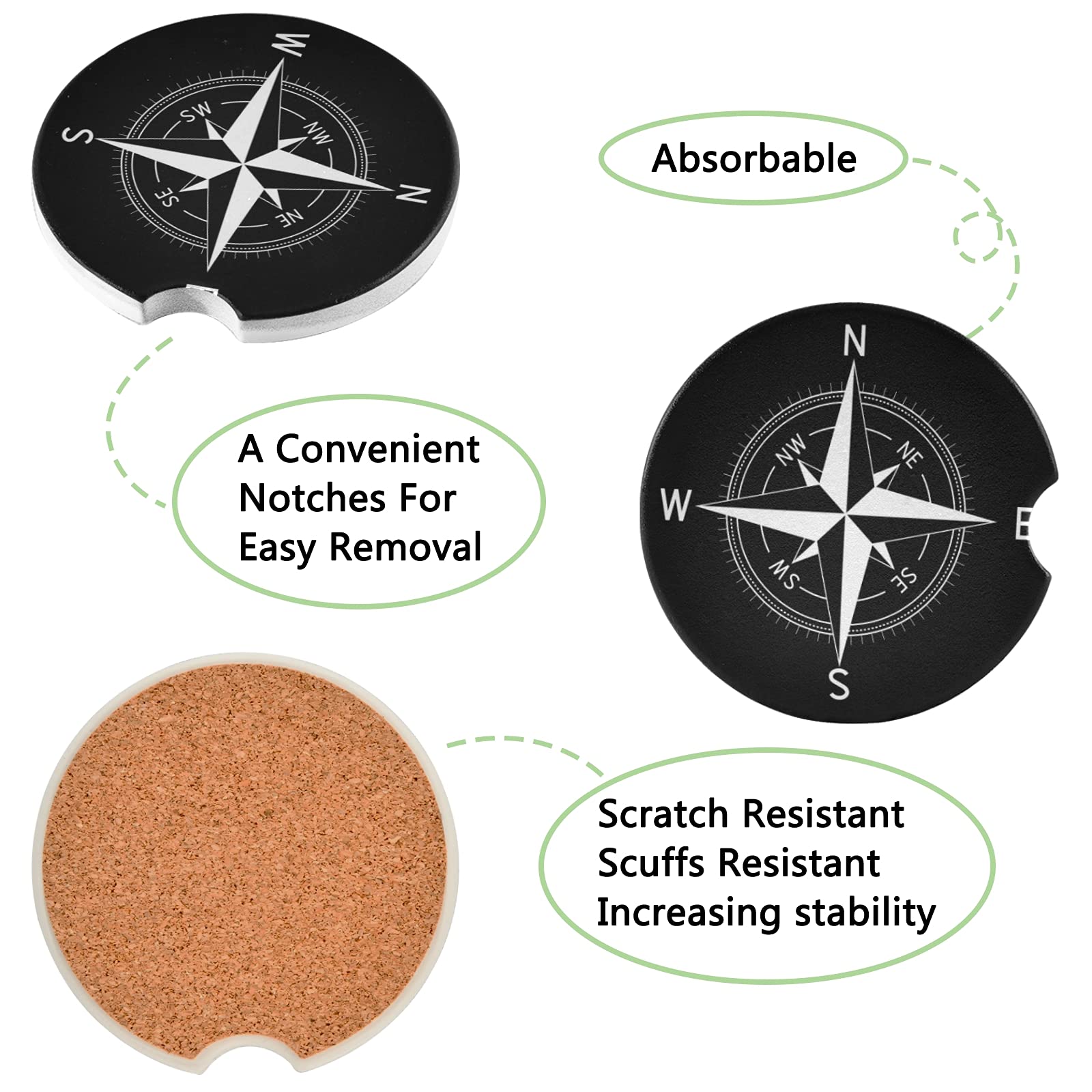 Nautical Compass Car Coaster 2 Pack - Absorbent Ceramic Cup Holder Coaster for Cars, Perfect for Men & Women - Cute Car Accessories (2.56 Inch) - Ideal for Road Trips, Commuting & Preventing Drink Stains