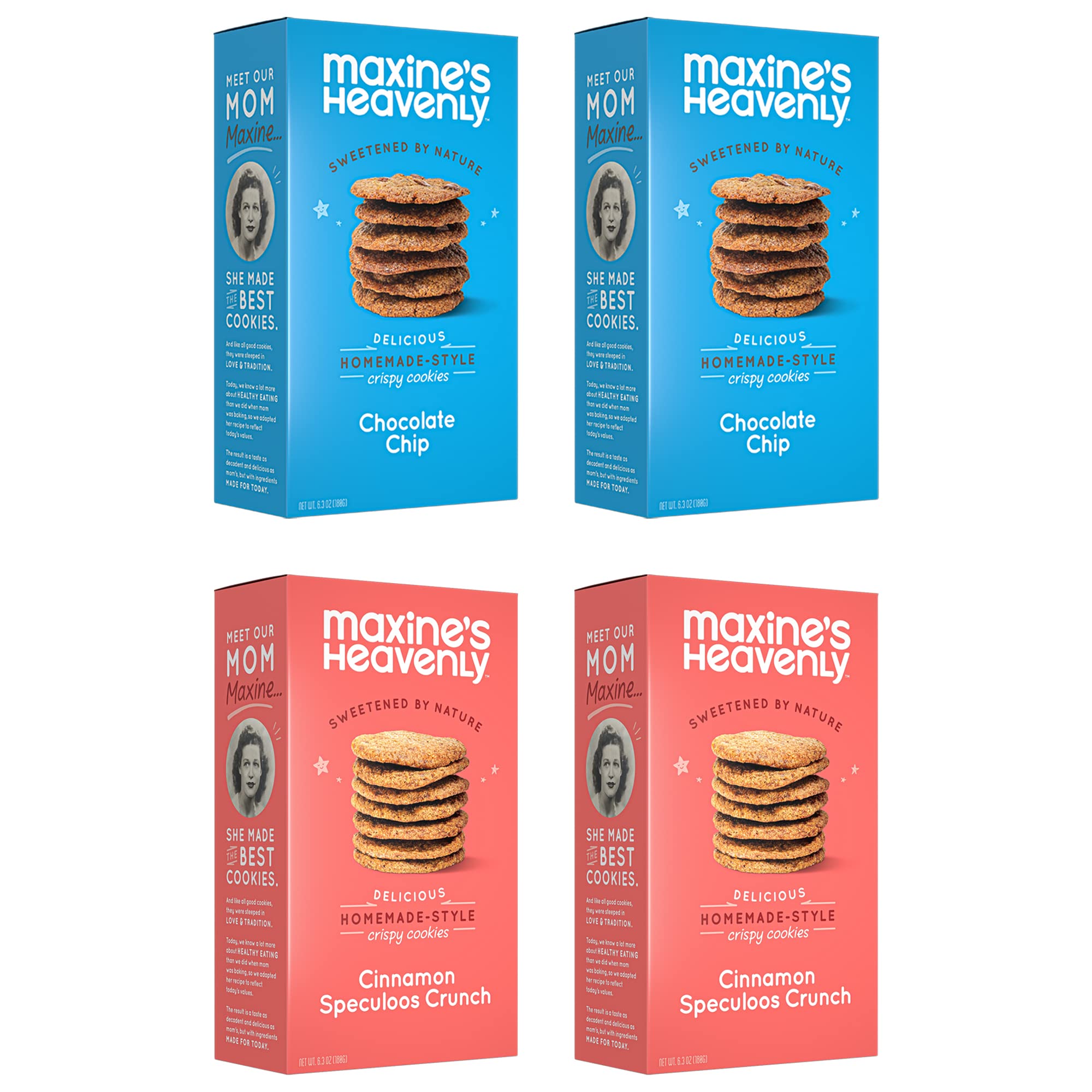 Maxine's Heavenly Crispy Chocolate Chip & Cinnamon Speculoos Cookies - Low Carb, Vegan, Gluten Free, Kosher Healthy Snacks (4 Pack, 48 Cookies) | Perfect for Keto Diet, Office Snacking & On-the-Go Treats