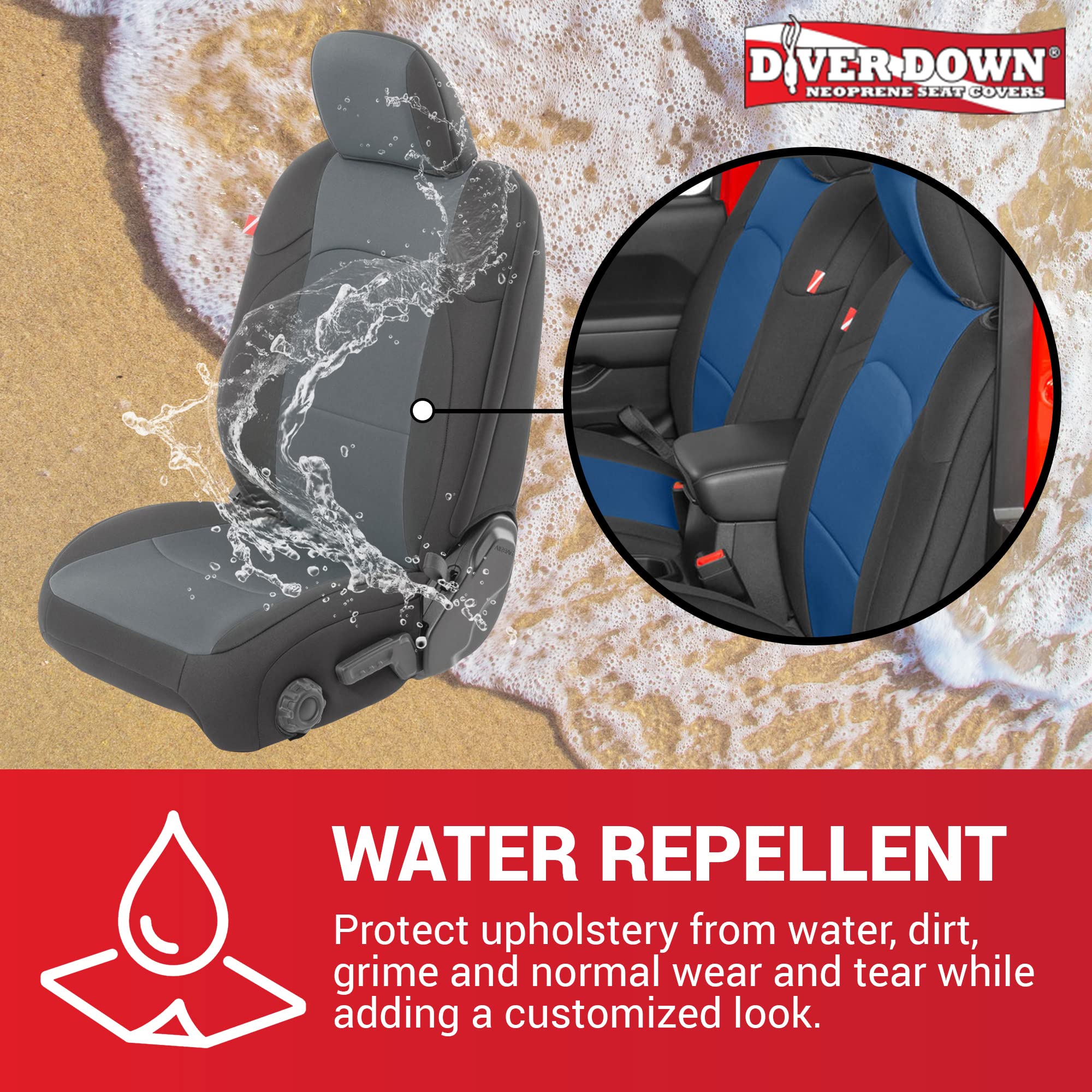 **Diver Down Neoprene Seat Cover Set for Jeep JL 2-Door (2018-2022 Wrangler) - Waterproof, Custom Fit Front & Back Seat Covers - Soft Padded Cushion, Thermal Resistant - Black - Perfect for Off-Roading, Camping & Outdoor Adventures**