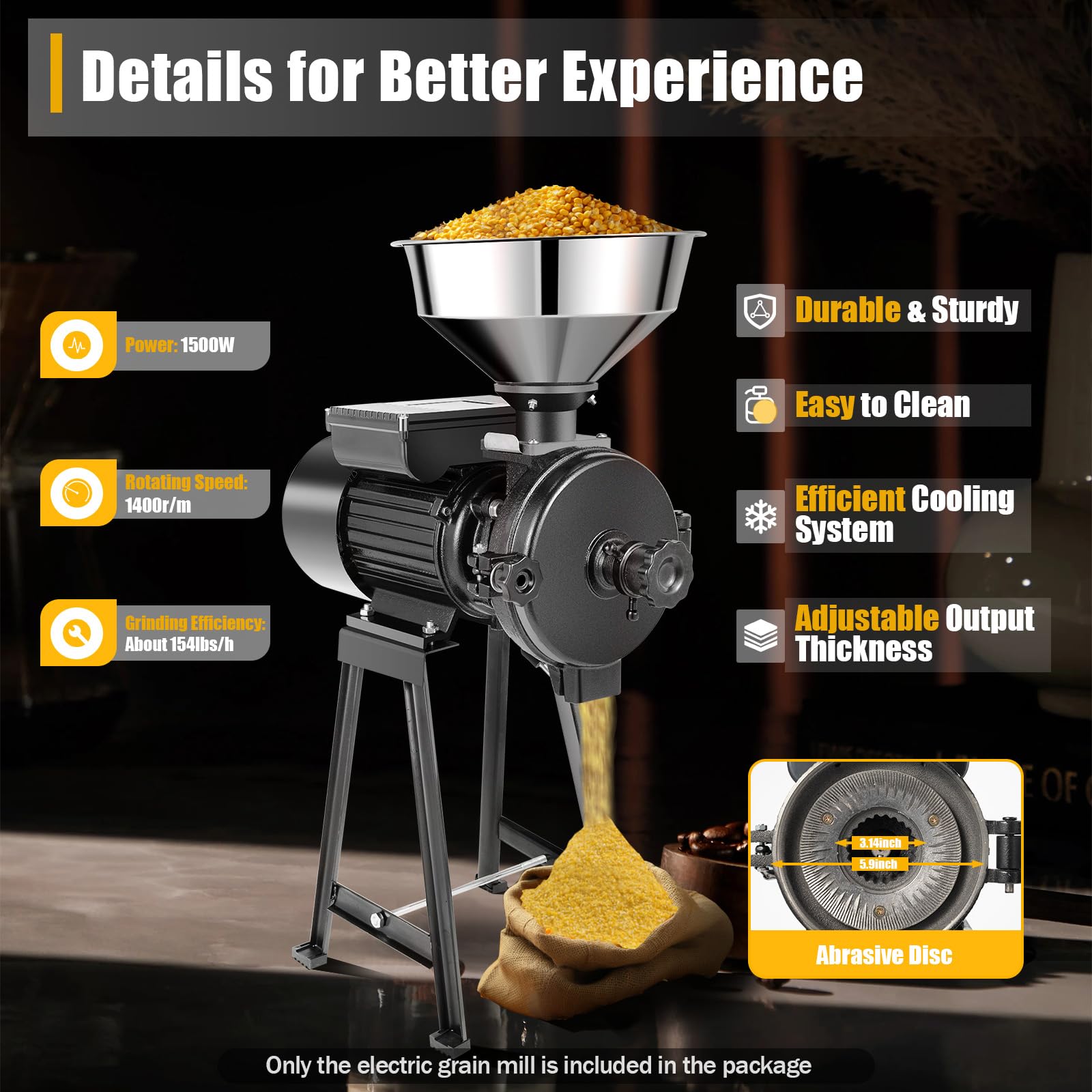 1500W Commercial Electric Grain Mill Grinder - Stainless Steel Wheat, Corn, Rice, Coffee Flour Milling Machine for Home & Bakery Use - 1400r/m, 110V (Perfect for Grinding Grains, Spices & Making Fresh Flour)