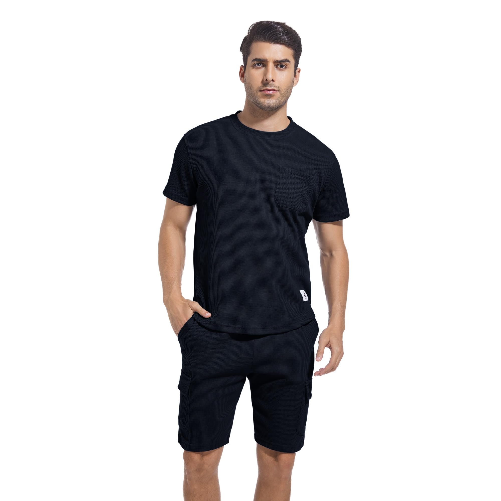 ANOTWENER Men's 2-Piece Summer Outfit - Casual Waffle Knit T-Shirt & Shorts Set for Beach Vacation, Pool Party, and Outdoor Activities