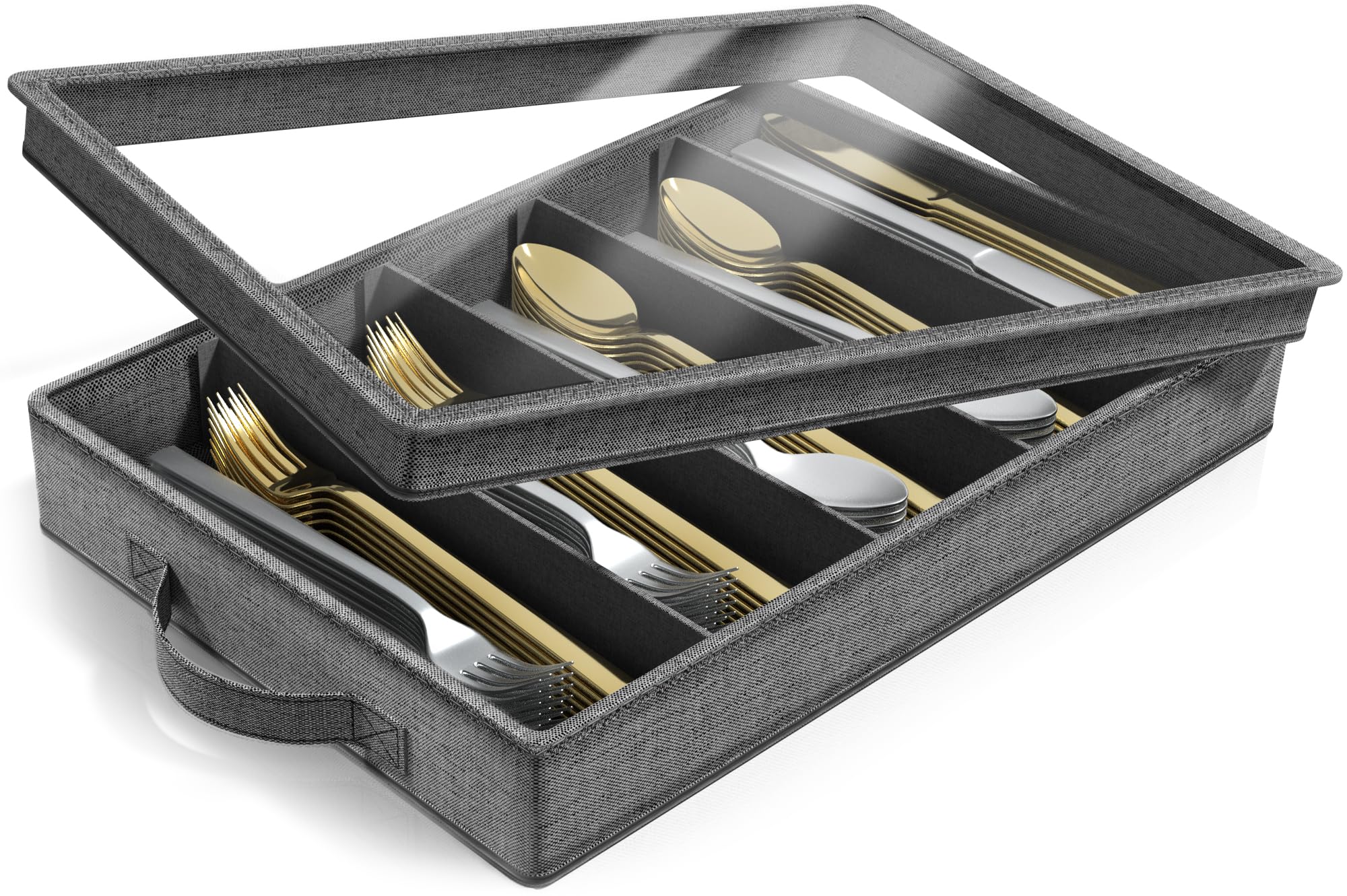 Sorbus Flatware & Utensil Storage Organizer - Gray Fabric Chest Box with Clear Lid & Adjustable Divider for Silverware, Cutlery, Kitchen Tools - Perfect for Dining Room, Kitchen Drawer, and Restaurant Organization