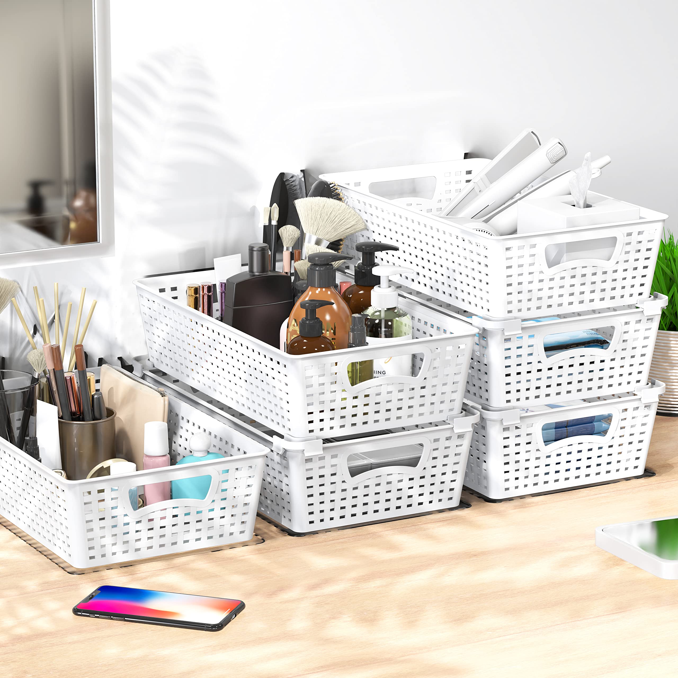 Stackable Plastic Storage Baskets - 6 Pack White Pantry Organizer Bins (14.5