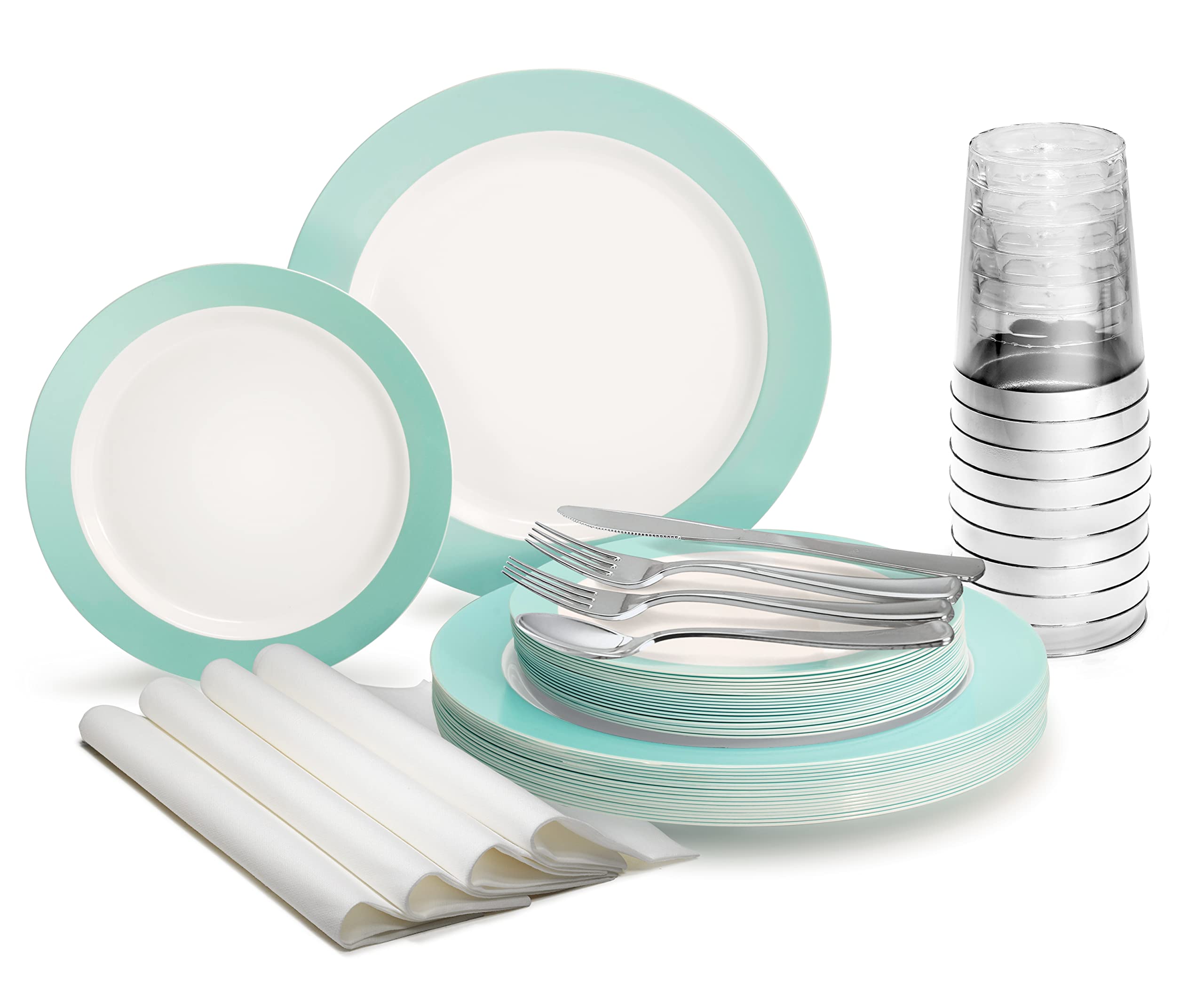 960-Piece Disposable Plastic Plate Set for 120 Guests - 10.5'' & 7.5'' Plates, Silverware, Cups & Napkins (Rio, White & Pearled Turquoise) - Perfect for Weddings, Parties, Events & Catering