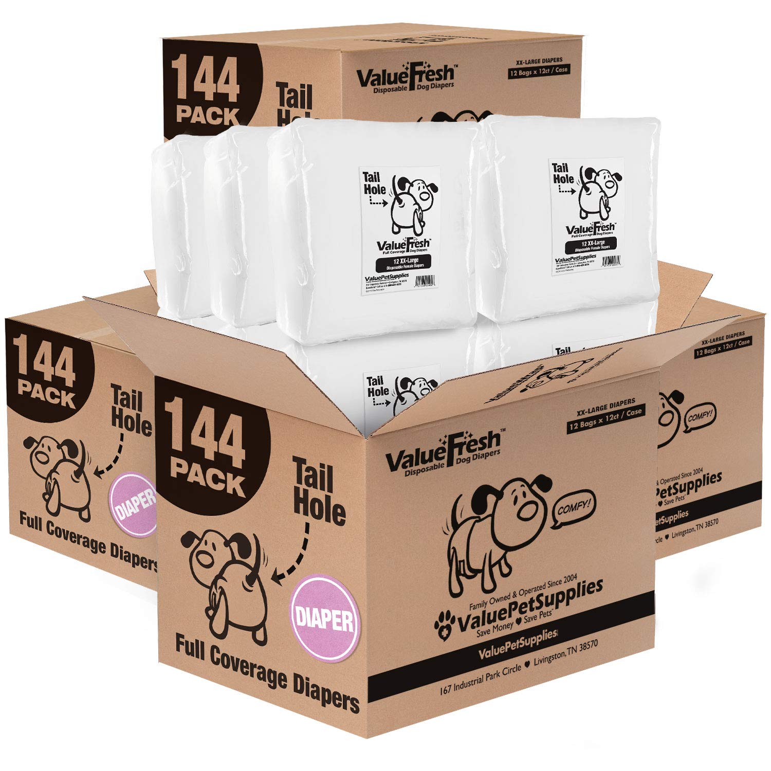 ValueFresh XX-Large Female Dog Disposable Diapers - 576 Count Bulk Pack with Tail Hole, Leak Proof & Wetness Indicator | Full Coverage Pet Diapers for Incontinence, Heat Cycles & Travel | Snag-Free Fasteners for Comfortable Fit