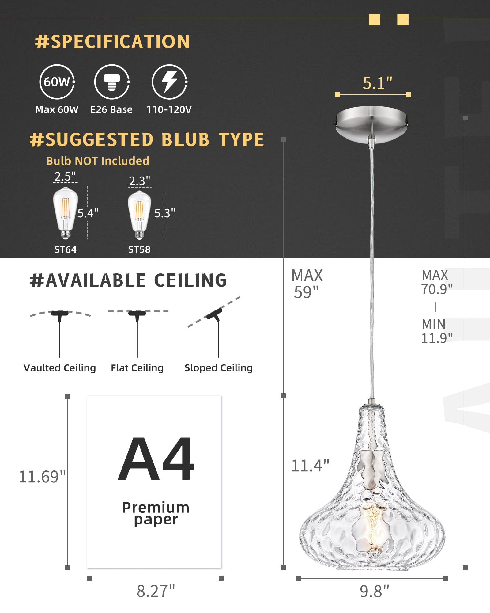AUTELO Hammered Glass Pendant Light Fixture - Modern Kitchen Island Lighting for Dining Room, Living Room & Bar | Dimmable Hanging Light for Home Decor H9164